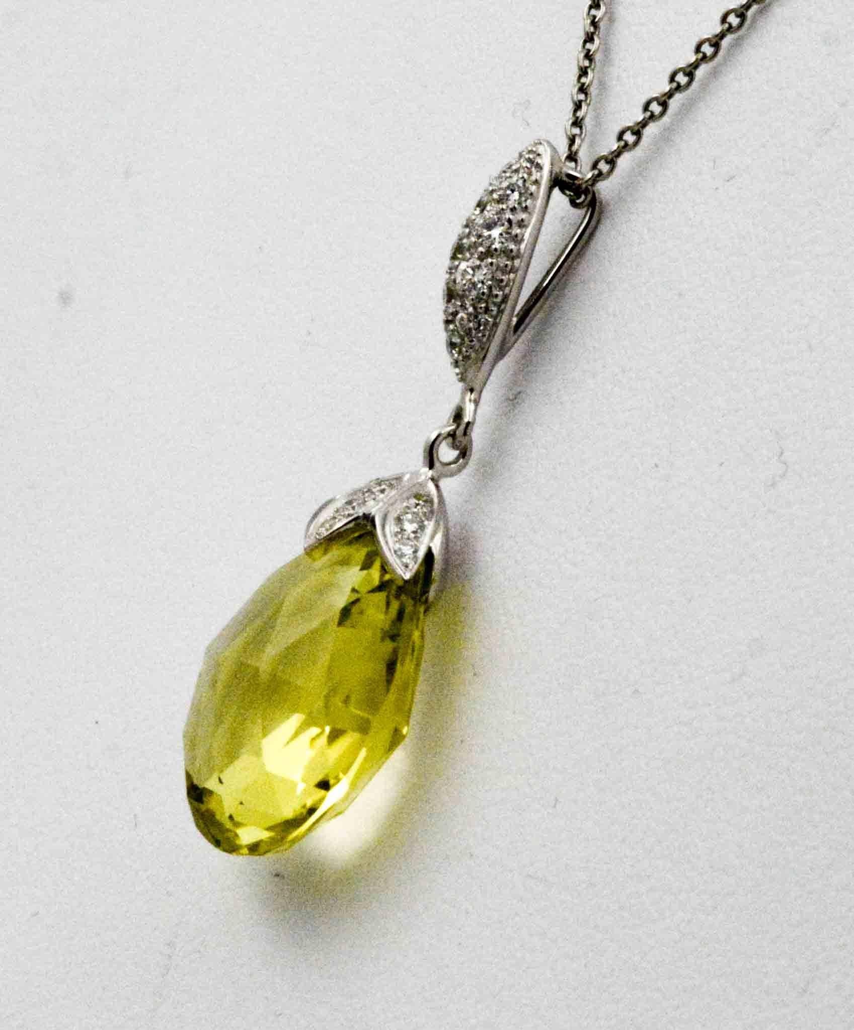 10.50 Carat Lemon Quartz Briolette Diamond Pendant 6