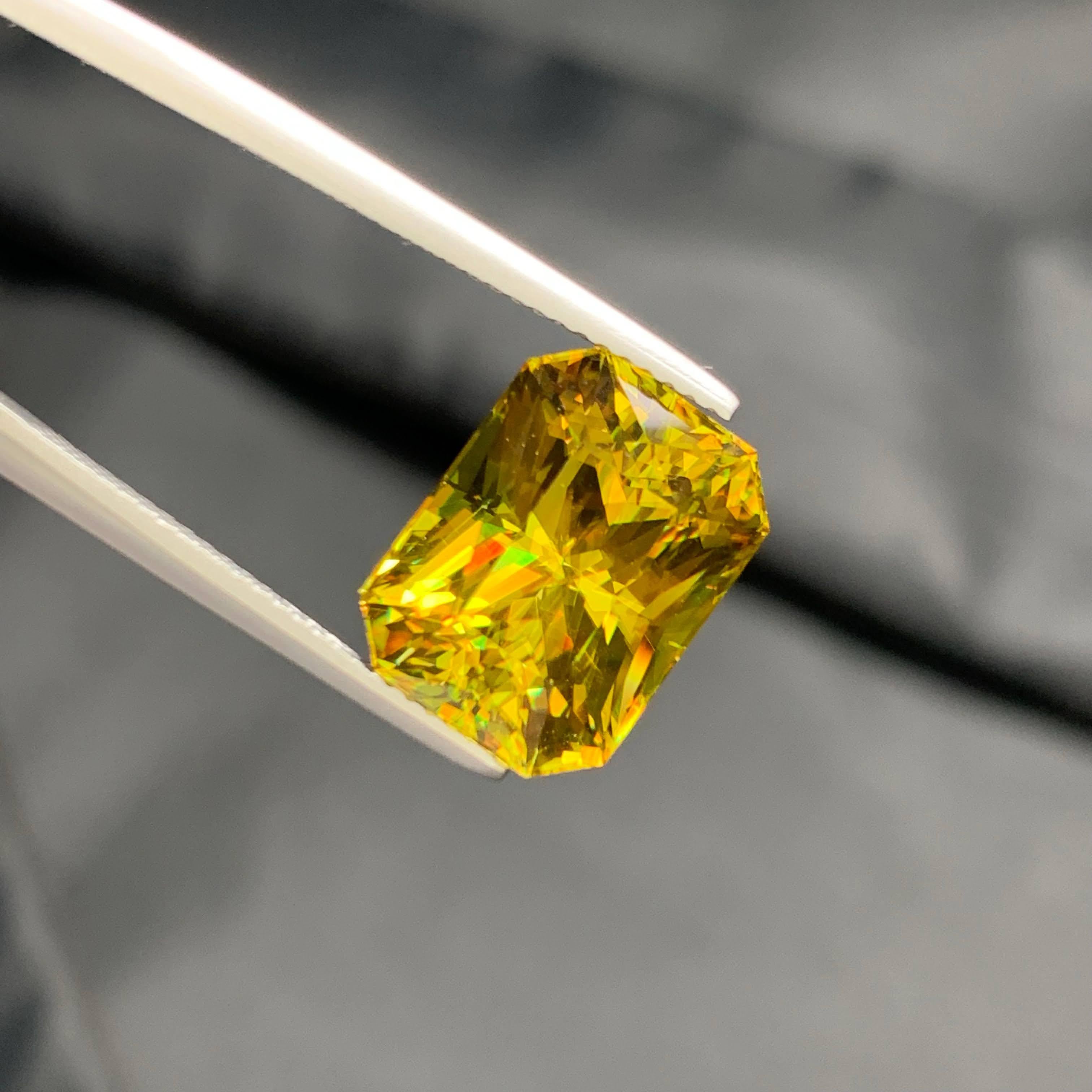 Weight 10.50 carat
Dimensions 13.7x10.2x9.1mm
Treatment None
Origin Madagascar
Clarity  VVS
Shape Octagon
Cut Modified Emerald
NA


This 10.50-carat natural Sphene gemstone is an exceptional collector’s piece, featuring a rare modified emerald cut