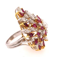 Retro Gold 10.50 Carat Marquise Natural Diamond & Ruby Cocktail Ring Circa 1970