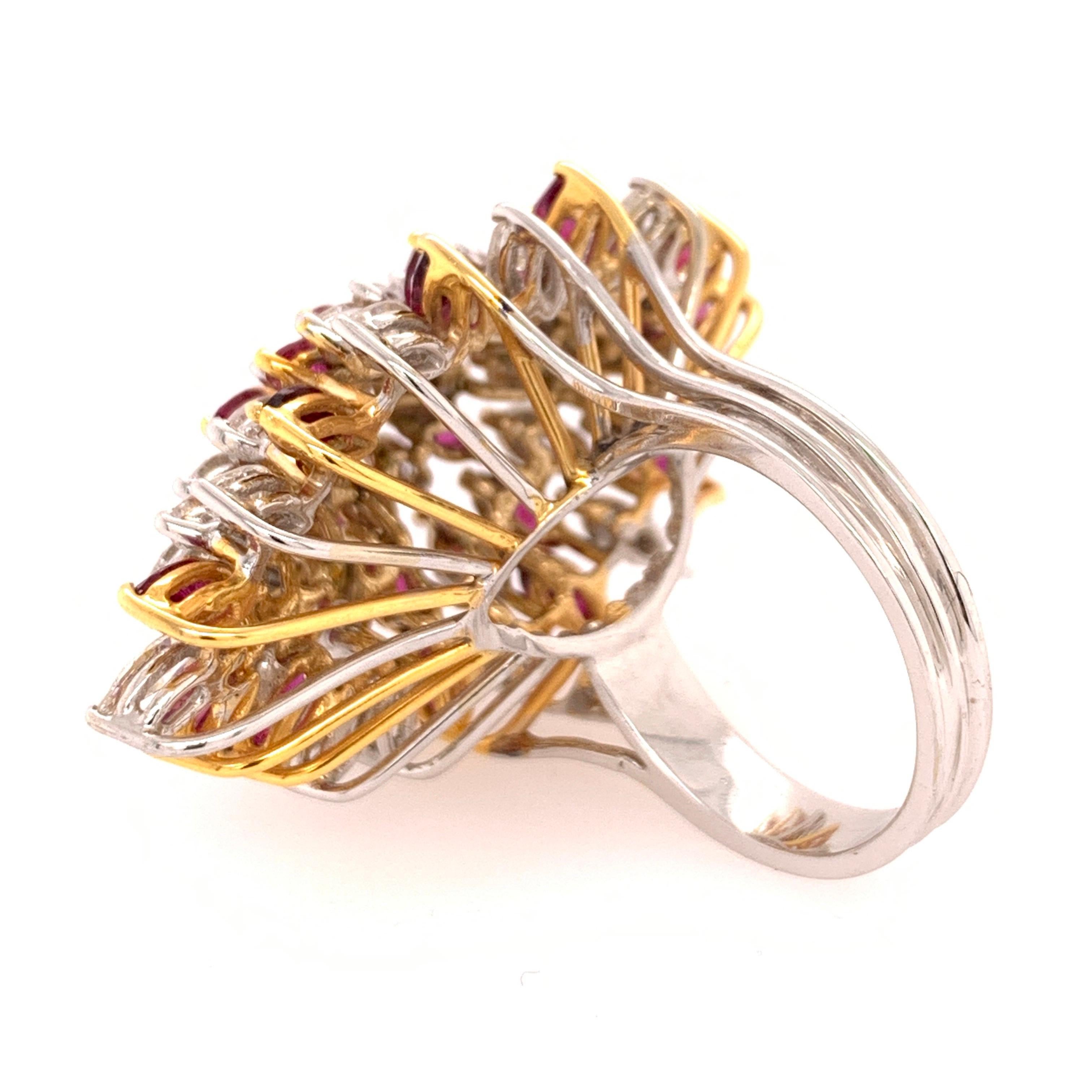 Marquise Cut Retro Gold 10.50 Carat Marquise Natural Diamond & Ruby Cocktail Ring Circa 1970 For Sale