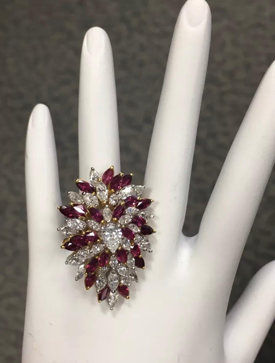Retro Gold 10.50 Carat Marquise Natural Diamond & Ruby Cocktail Ring Circa 1970 In Good Condition For Sale In Los Angeles, CA