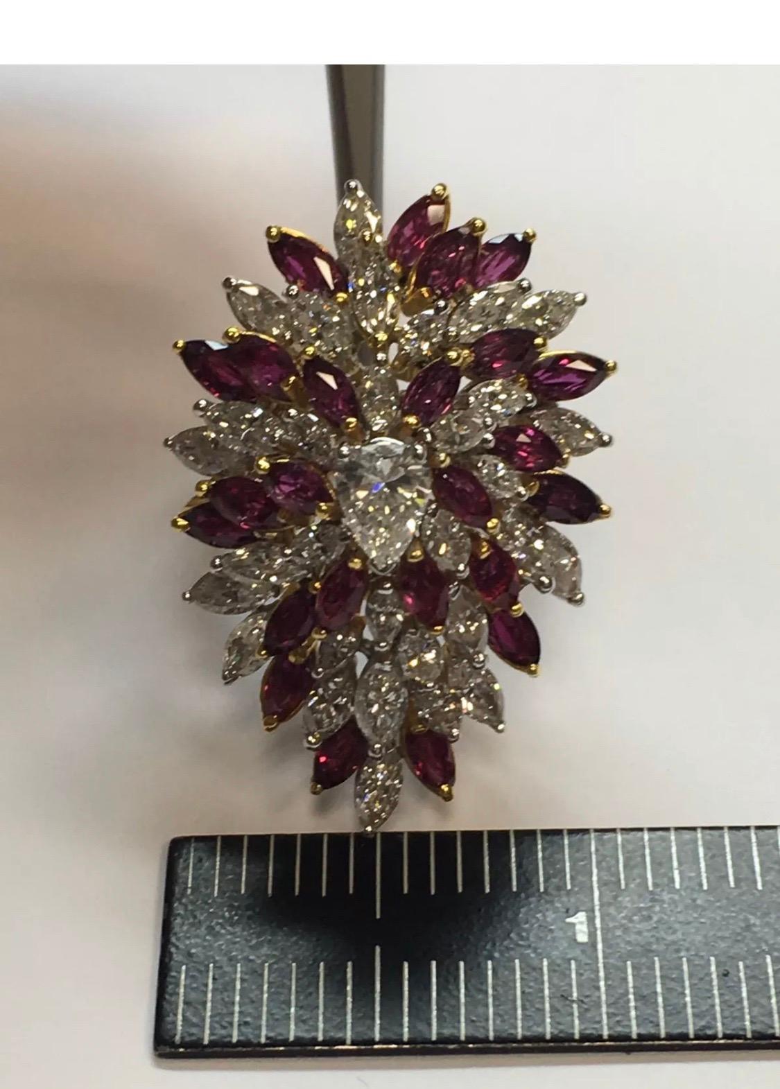 Retro Gold 10.50 Carat Marquise Natural Diamond & Ruby Cocktail Ring Circa 1970 For Sale 1