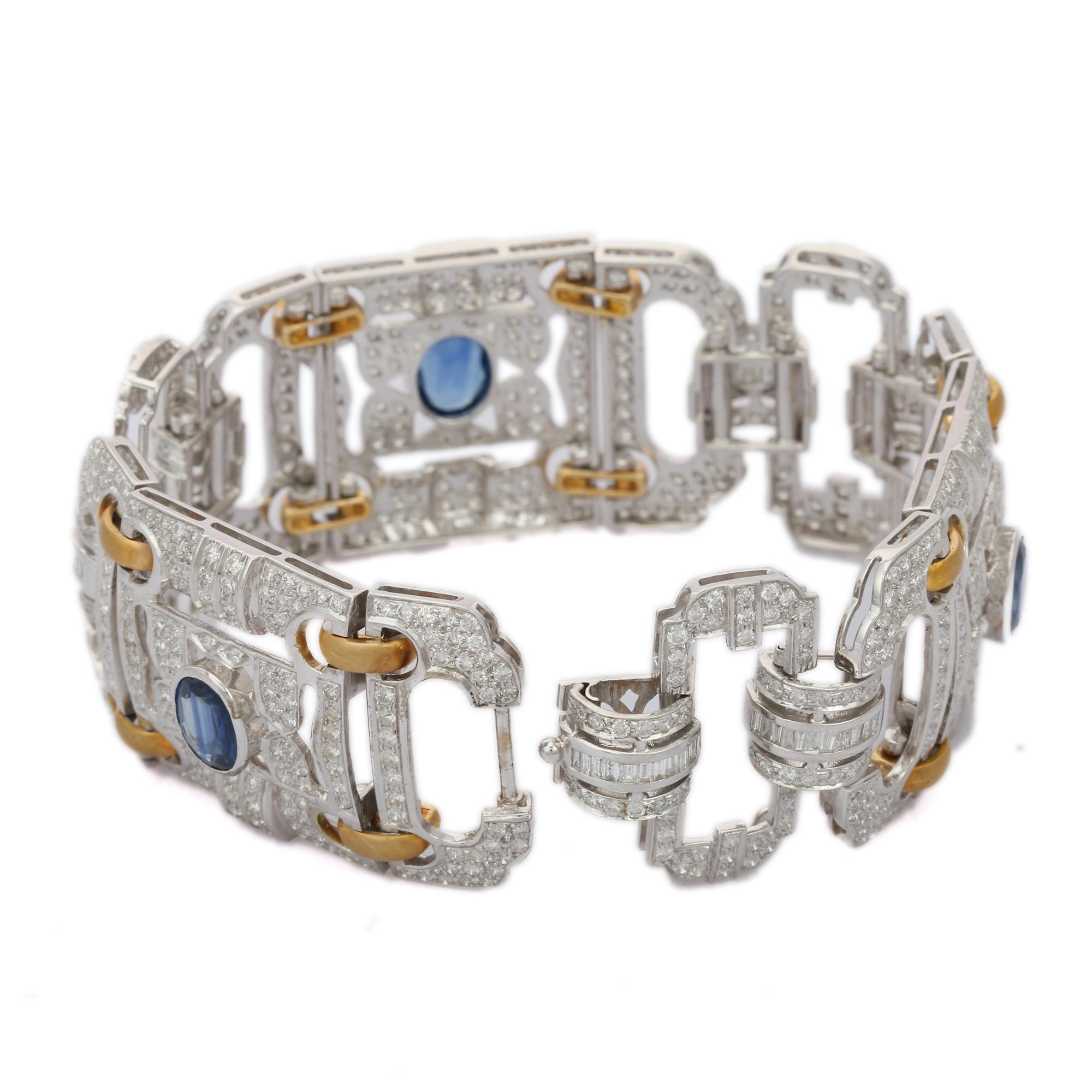 Oval Cut Art Deco 10.50 Carat Round Brilliant Diamond and Blue Sapphire 18k Gold Bracelet For Sale