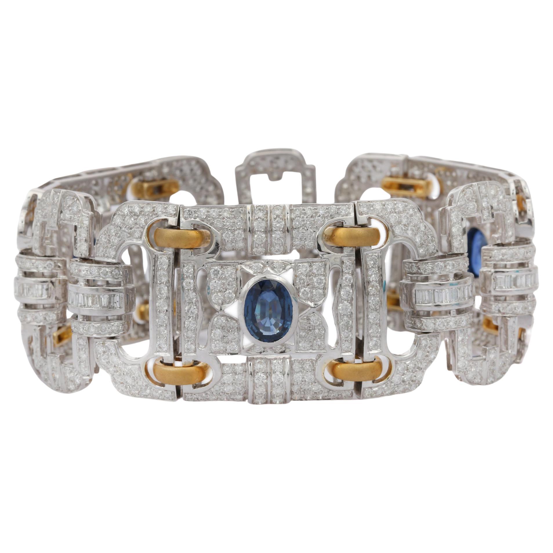 Art Deco 10.50 Carat Round Brilliant Diamond and Blue Sapphire 18k Gold Bracelet For Sale
