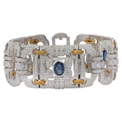 Art Deco 10.50 Carat Round Brilliant Diamond and Blue Sapphire 18k Gold Bracelet