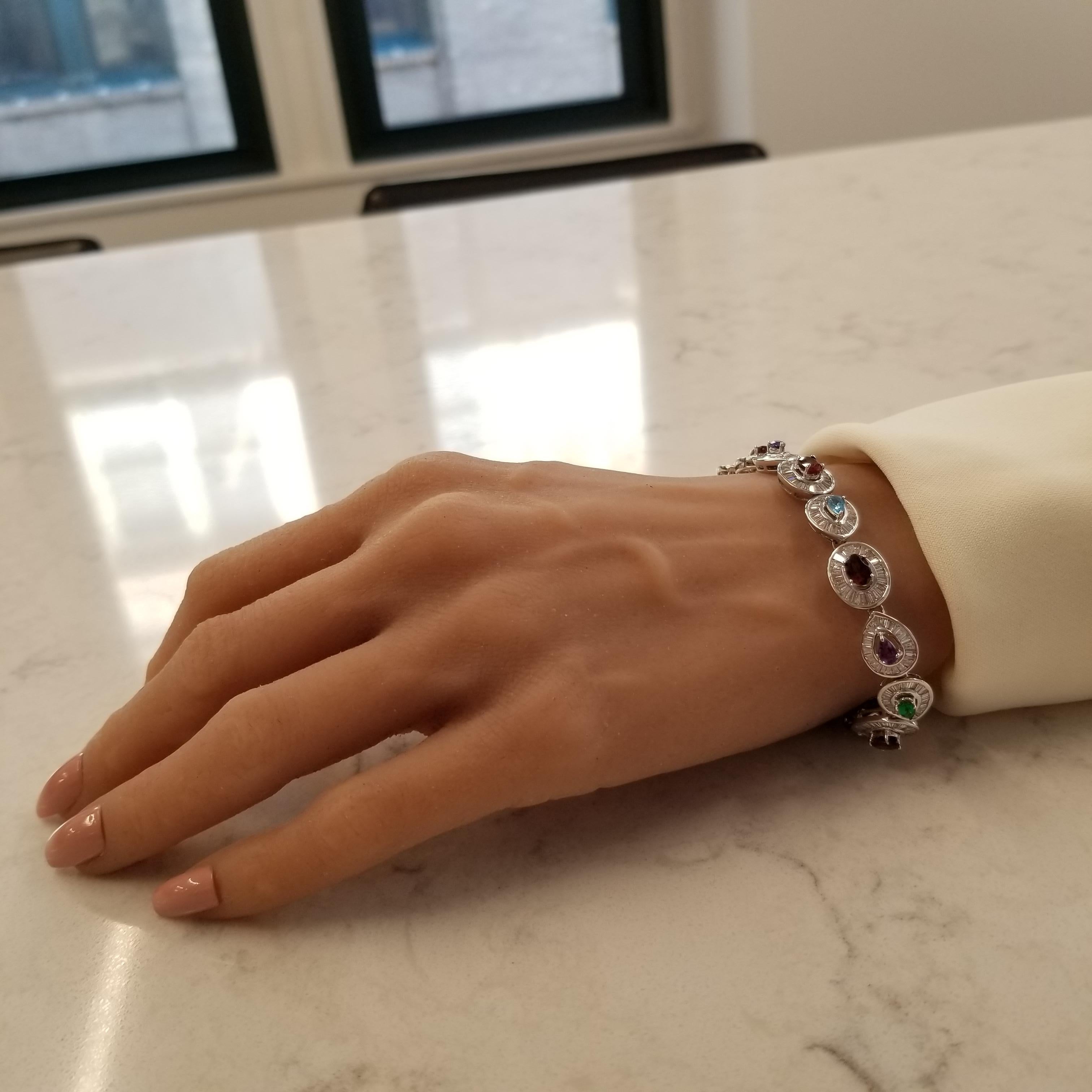 10.50 Carat Total Mixed Gemstone and Baguette Diamond Bracelet in 14 Karat Gold In New Condition In Chicago, IL