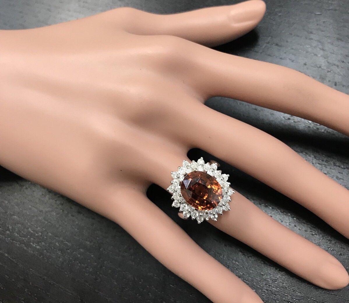 10,50 Karat natürlicher orangefarbener Zirkon und Diamant 14K massiver Weißgold Ring Damen im Angebot