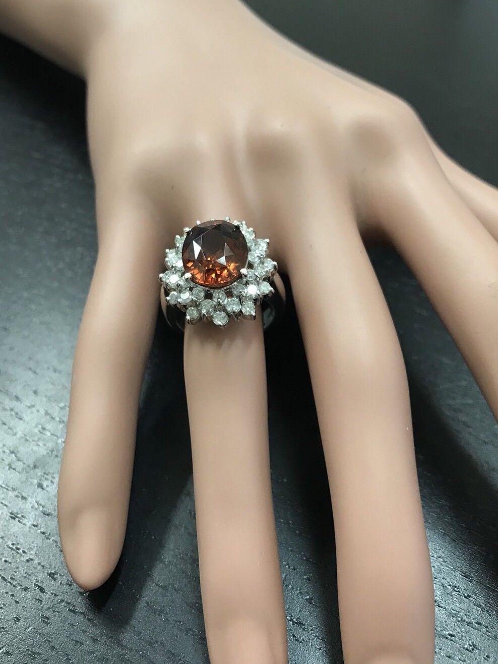 10,50 Karat natürlicher orangefarbener Zirkon und Diamant 14K massiver Weißgold Ring im Angebot 1