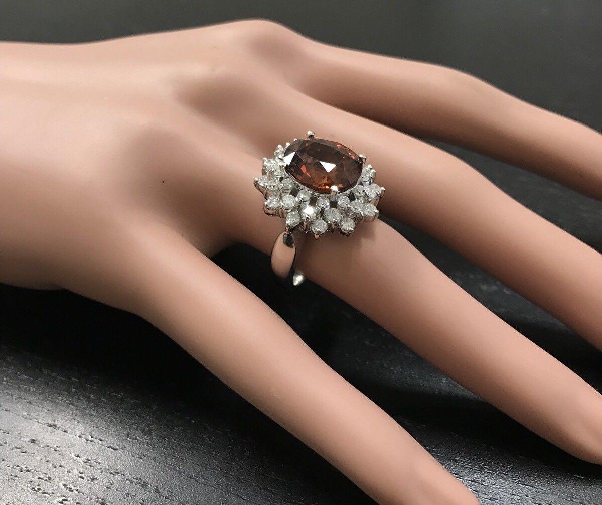 10,50 Karat natürlicher orangefarbener Zirkon und Diamant 14K massiver Weißgold Ring im Angebot 2