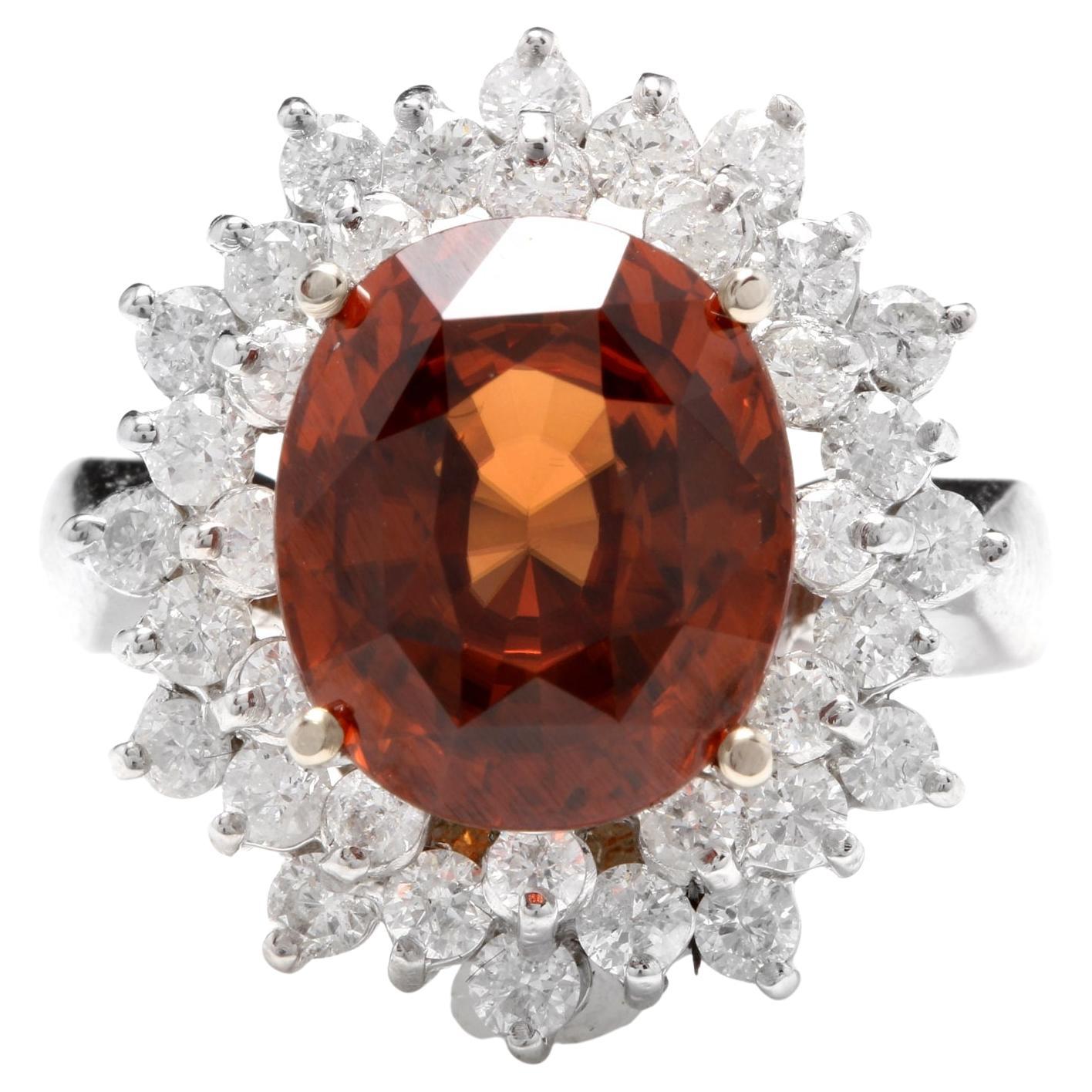 10.50 Carats Natural Orange Zircon and Diamond 14K Solid White Gold Ring For Sale