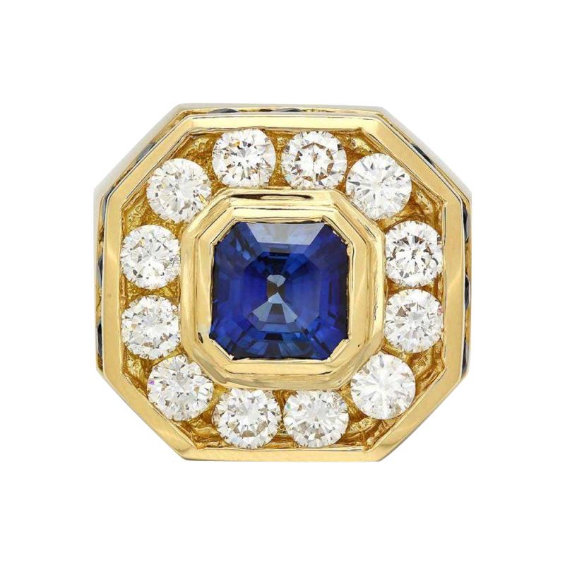 Anello da uomo in oro giallo massiccio 18k con zaffiro naturale e diamante da 10,50 carati in vendita