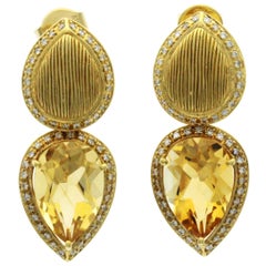 Boucles d'oreilles en goutte en or jaune 18 carats avec citrine de 10,50 carats et diamants de 0,78 carat