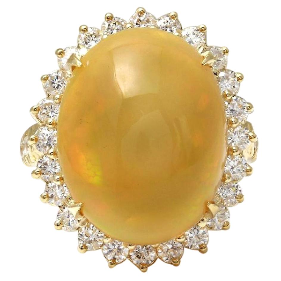 10.50 Ct Natural Impressive Ethiopian Opal & Diamond 14K Solid Yellow Gold Ring For Sale