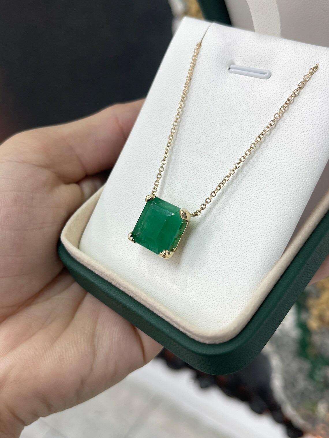 10.50ct 14K Large Natural Asscher Emerald Solitaire 4 Prong Set Necklace Brazil In New Condition For Sale In Jupiter, FL