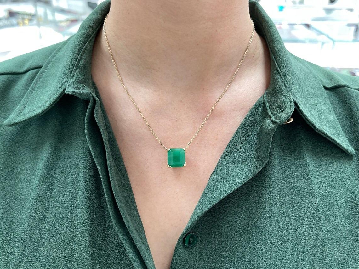 10.50ct 14K Large Natural Asscher Emerald Solitaire 4 Prong Set Necklace Brazil For Sale 1