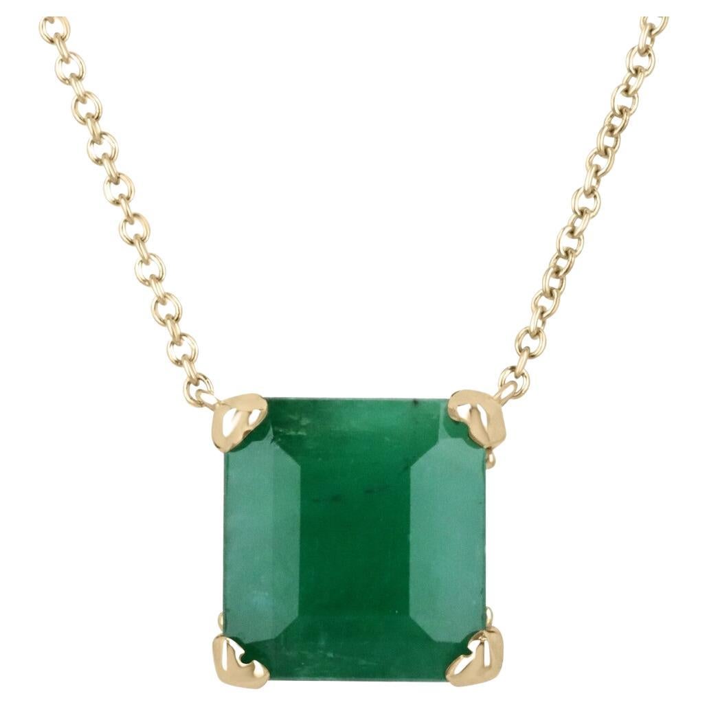 10.50ct 14K Large Natural Asscher Emerald Solitaire 4 Prong Set Necklace Brazil For Sale