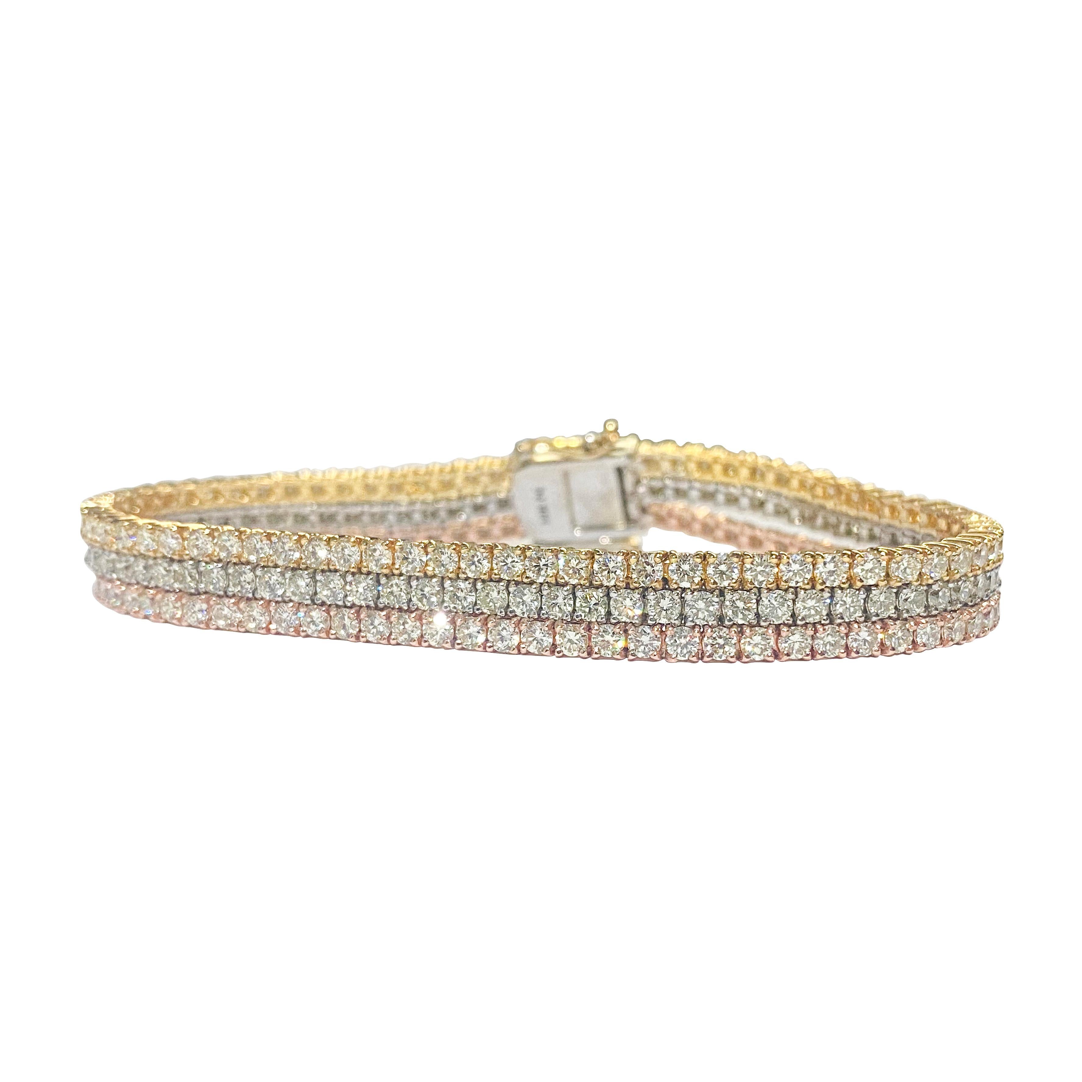 Introducing our exquisite Trio Color Diamond Tennis Bracelet, meticulously crafted from solid 10k gold in yellow, rose, and white hues. Adorned with a dazzling array of round brilliant cut diamonds totaling 10.50 carats, boasting VVS-VS clarity and