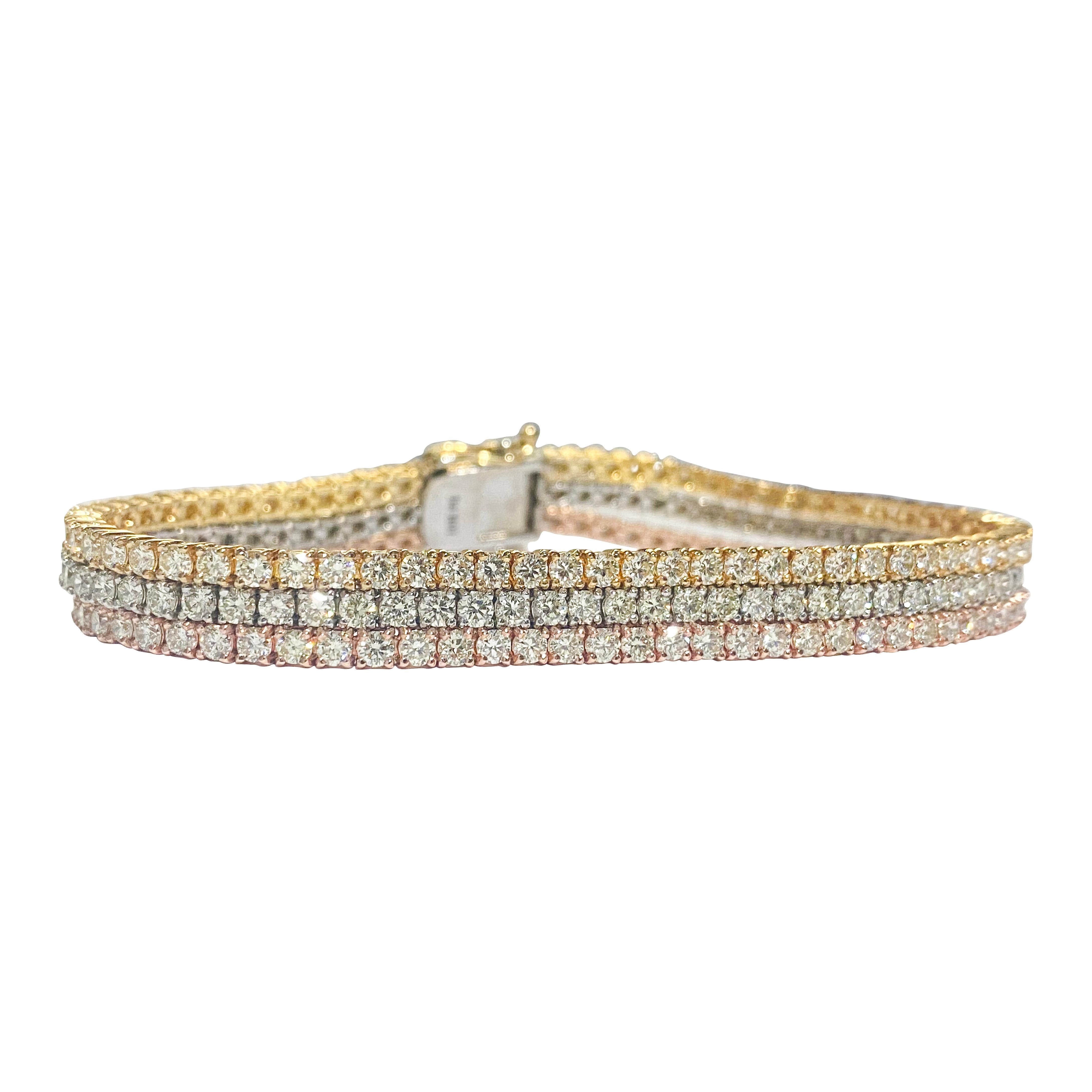 Contemporary 10.50ct 3 Row Tennis Bracelet Trio Color 10k Gold For Sale