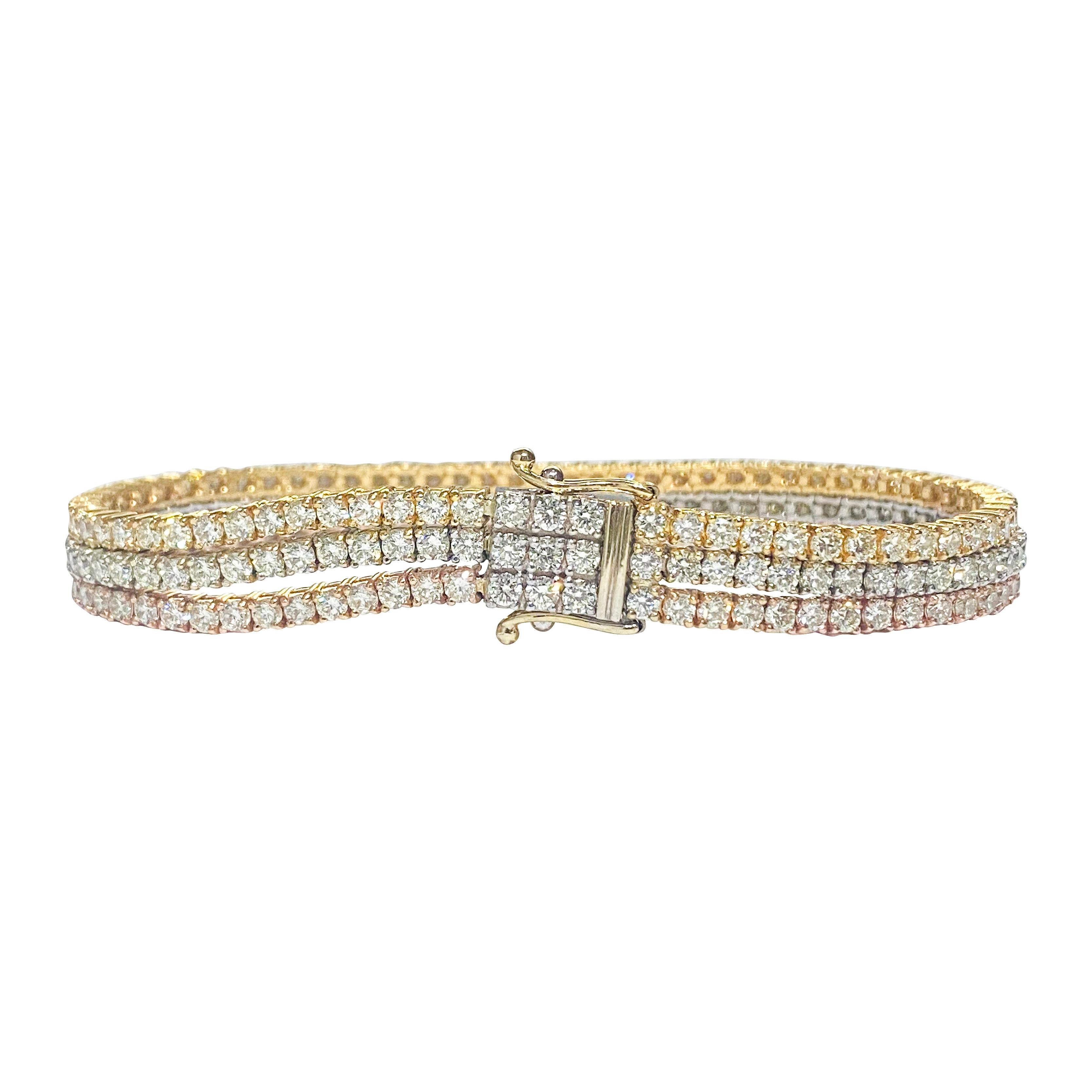Brilliant Cut 10.50ct 3 Row Tennis Bracelet Trio Color 10k Gold For Sale