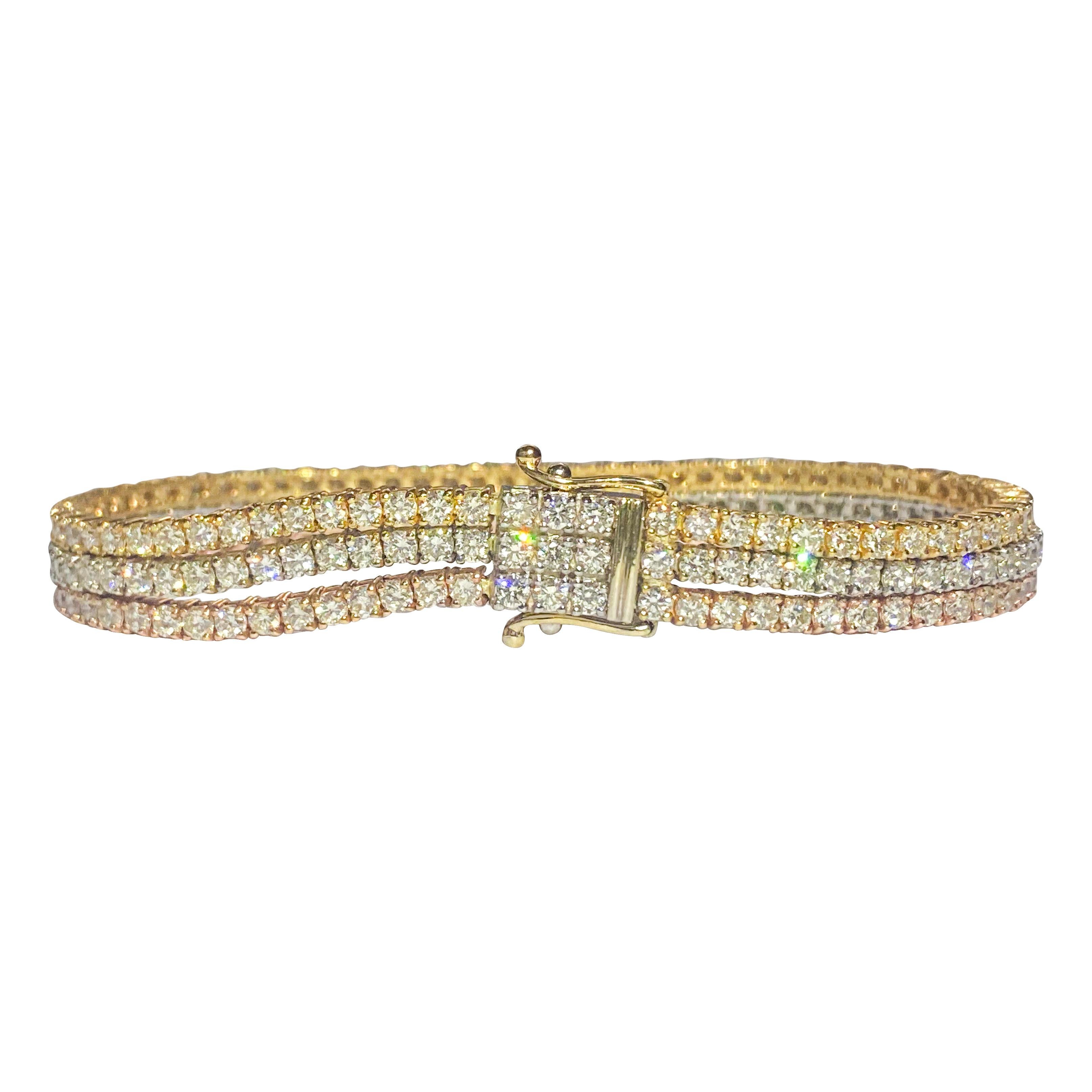 10.50ct 3 Row Tennis Bracelet Trio Color 10k Gold In Excellent Condition For Sale In Miami, FL