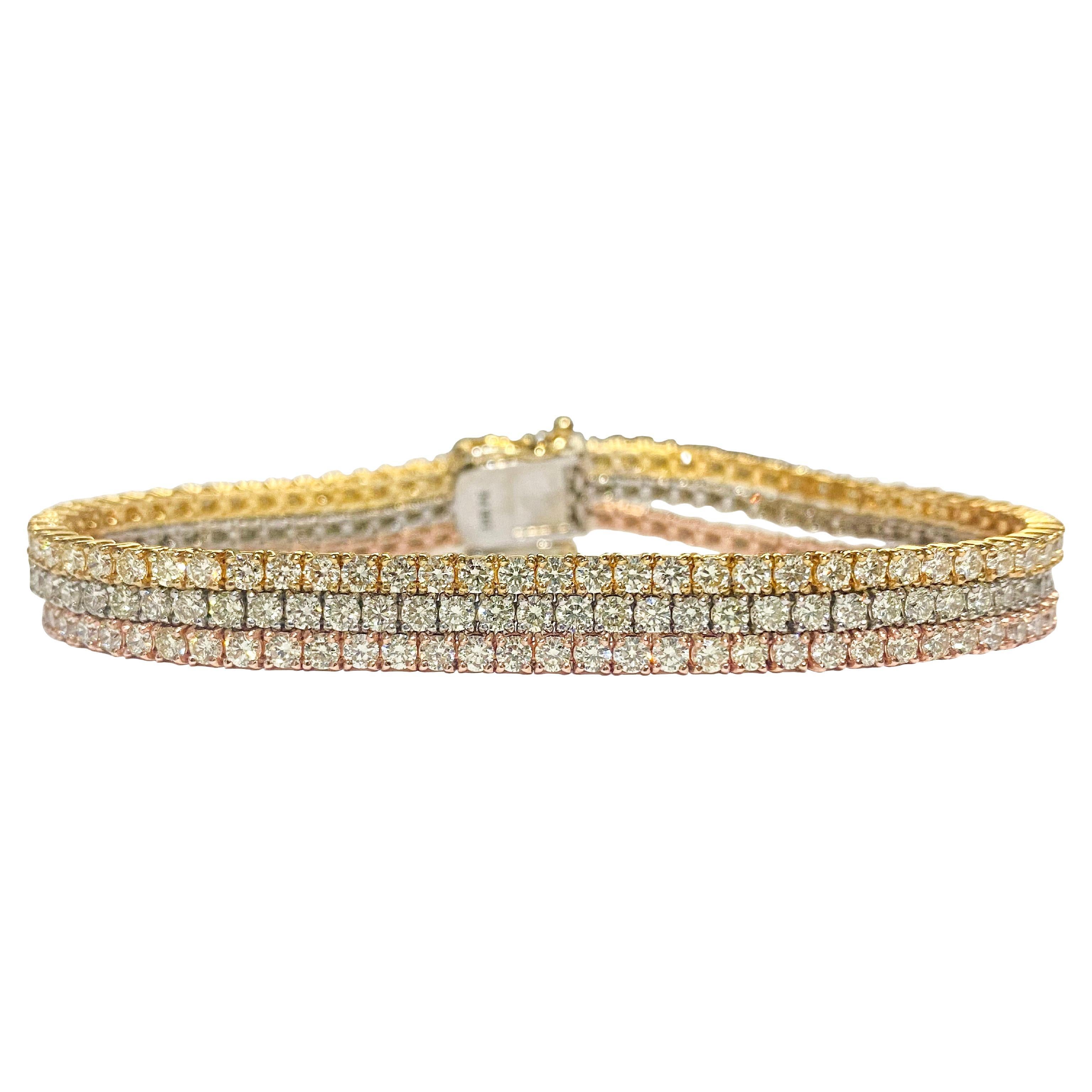 10.50ct 3 Row Tennis Bracelet Trio Color 10k Gold  For Sale