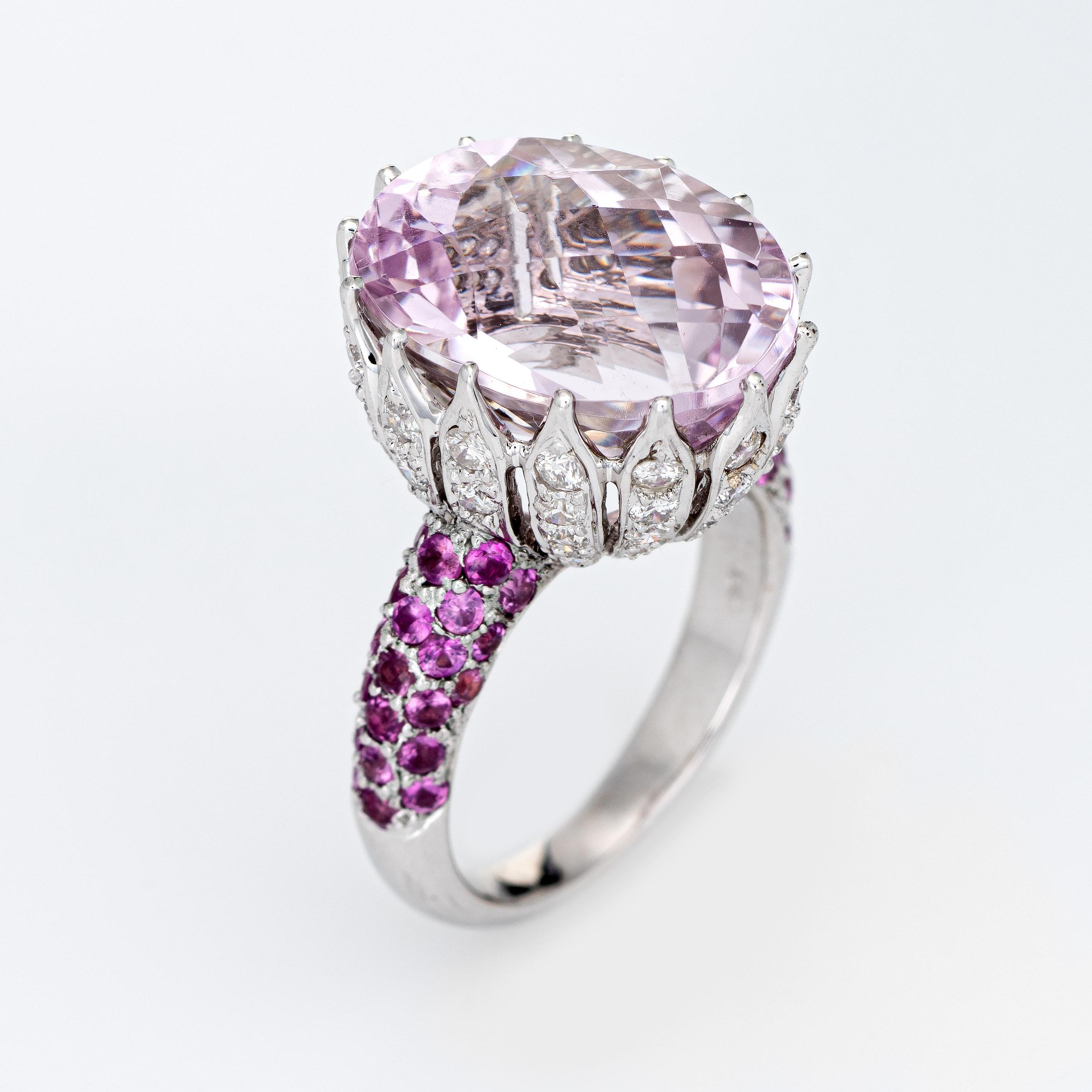 Stylish kunzite & pink sapphire cocktail ring crafted in 18 karat white gold. 

Checkerboard faceted kunzite measures 15mm x 12mm (estimated at 10.50 carats). The pink sapphires total an estimated 0.96 carats. Diamonds total an estimated 0.96 carats