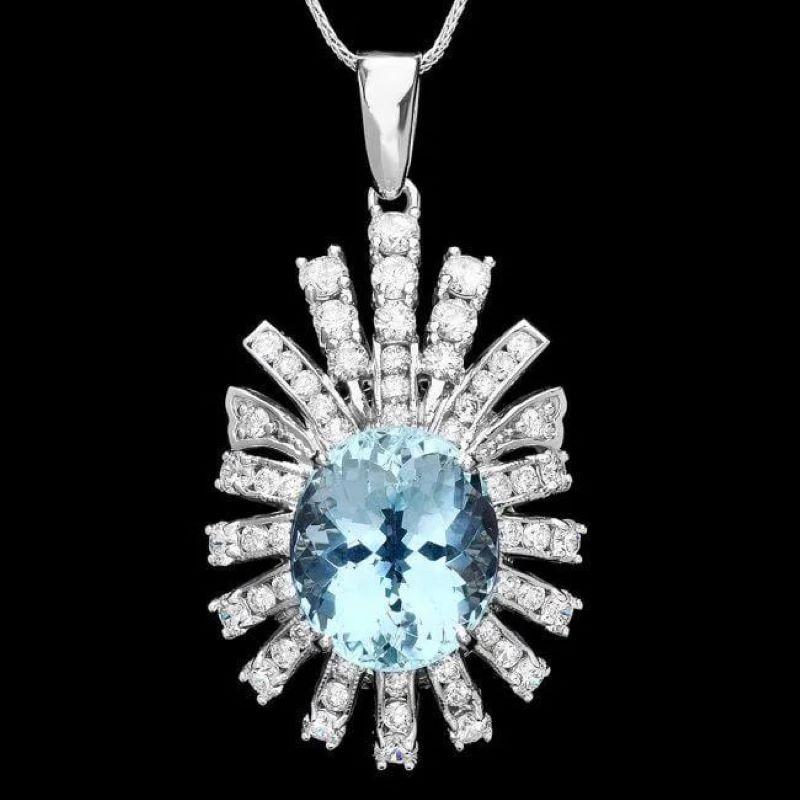 10.50Ct Natural Aquamarine and  Diamond 14K Solid White Gold Pendant

Natural Oval Shaped Aquamarine Weight is: Approx. 8.10 Carats 

Aquamarine Measures: 14 x 12 mm

Total Natural Round Diamond weights: 2.40 Carats (Color G-H / Clarity