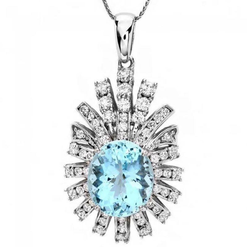 Mixed Cut 10.50Ct Natural Aquamarine and Diamond 14K Solid White Gold Pendant For Sale