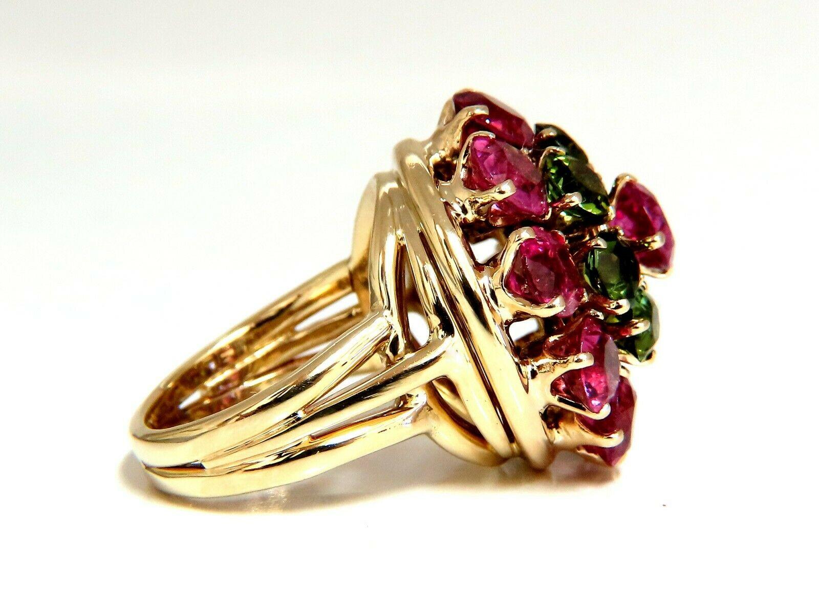 Ballerina Gypsy European Prime Raised Three Dome Circular Roulette Class

7.00ct. Natural Bright Pink Tourmaline ring.

clean clarity

11 Fine Gem Tourmalines

6mm diameter

3.50ct natural round Green Tourmalines.

14kt. yellow gold 

depth of ring:
