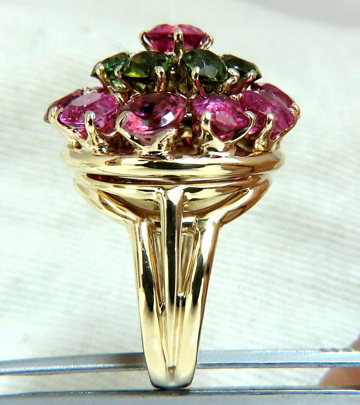 Round Cut 10.50ct Natural Pink Green Tourmaline Ring Ballerina Gypsy Cluster Cocktail 14Kt