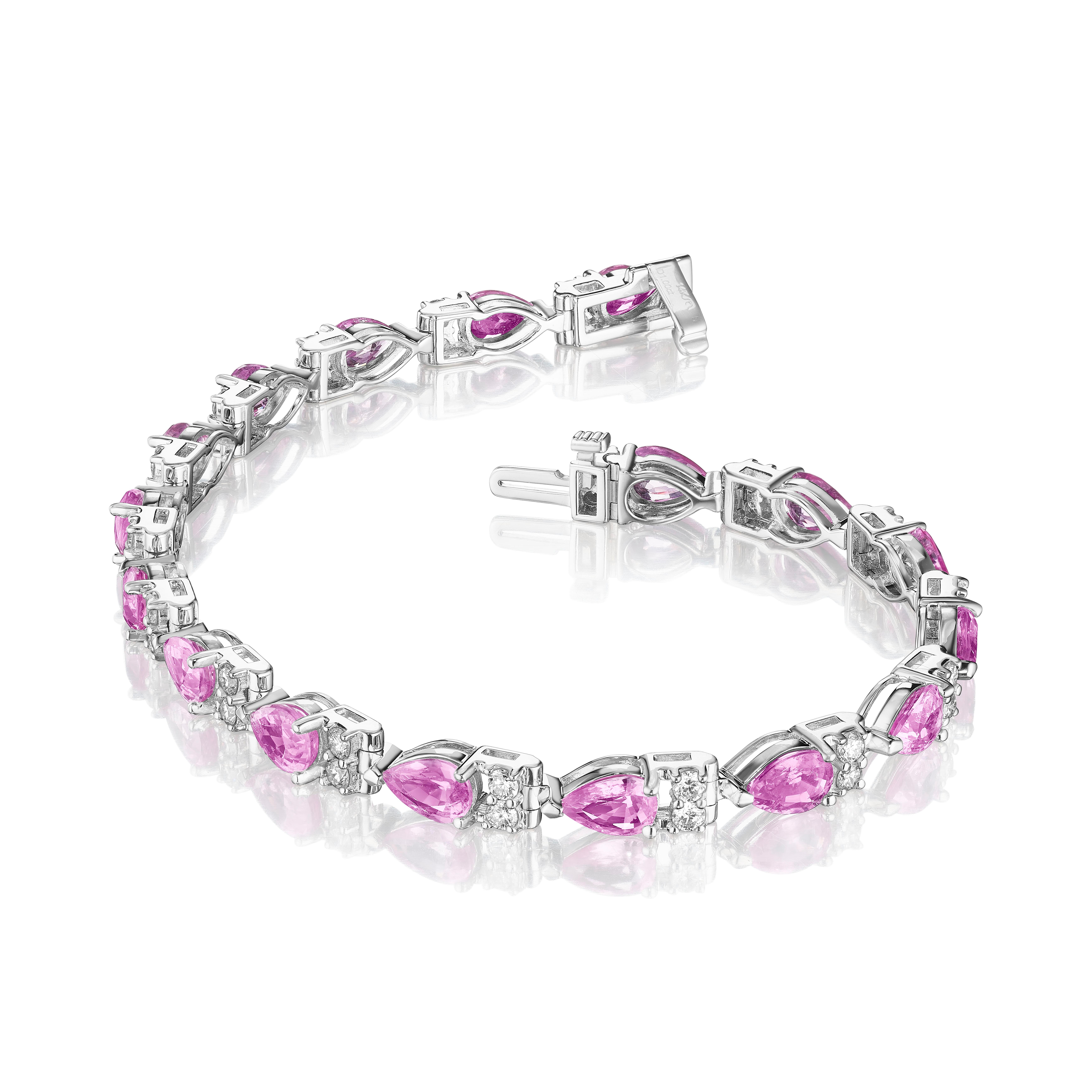 Contemporary 10.50ct Pear Shape Pink Sapphire & Round Diamond Bracelet in 14KT Gold For Sale
