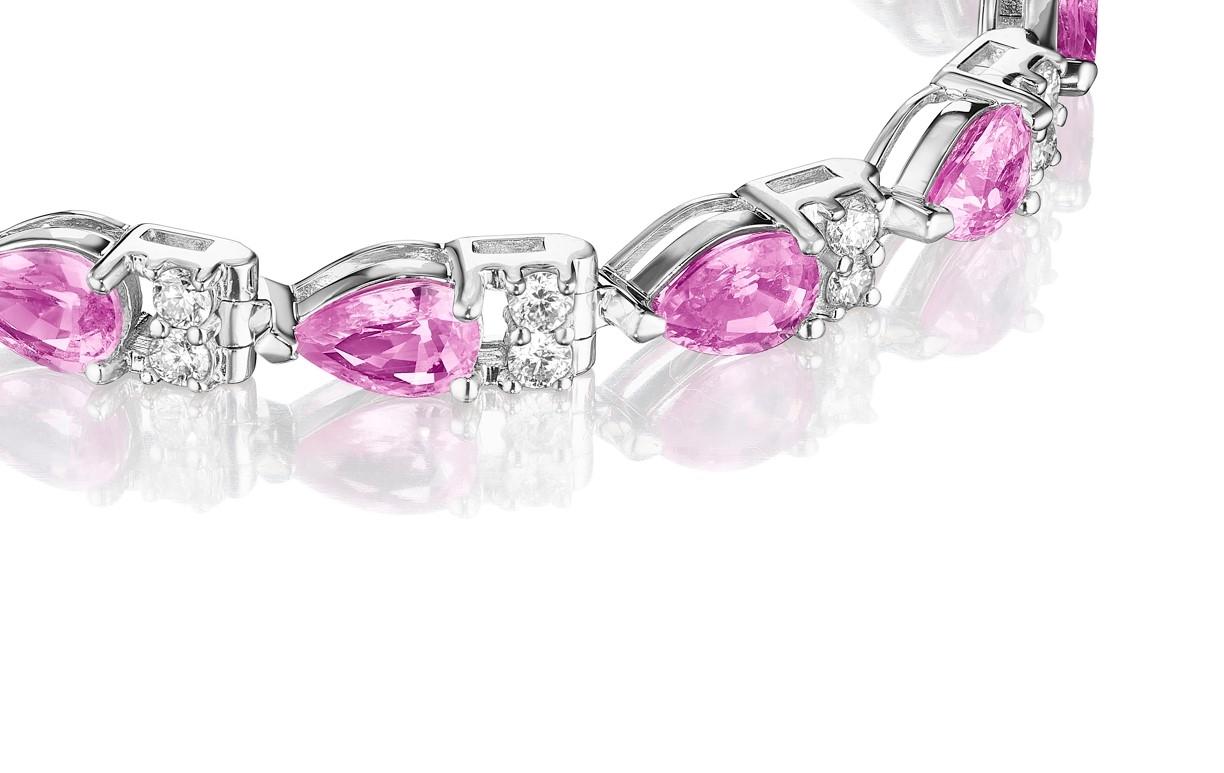 Pear Cut 10.50ct Pear Shape Pink Sapphire & Round Diamond Bracelet in 14KT Gold For Sale