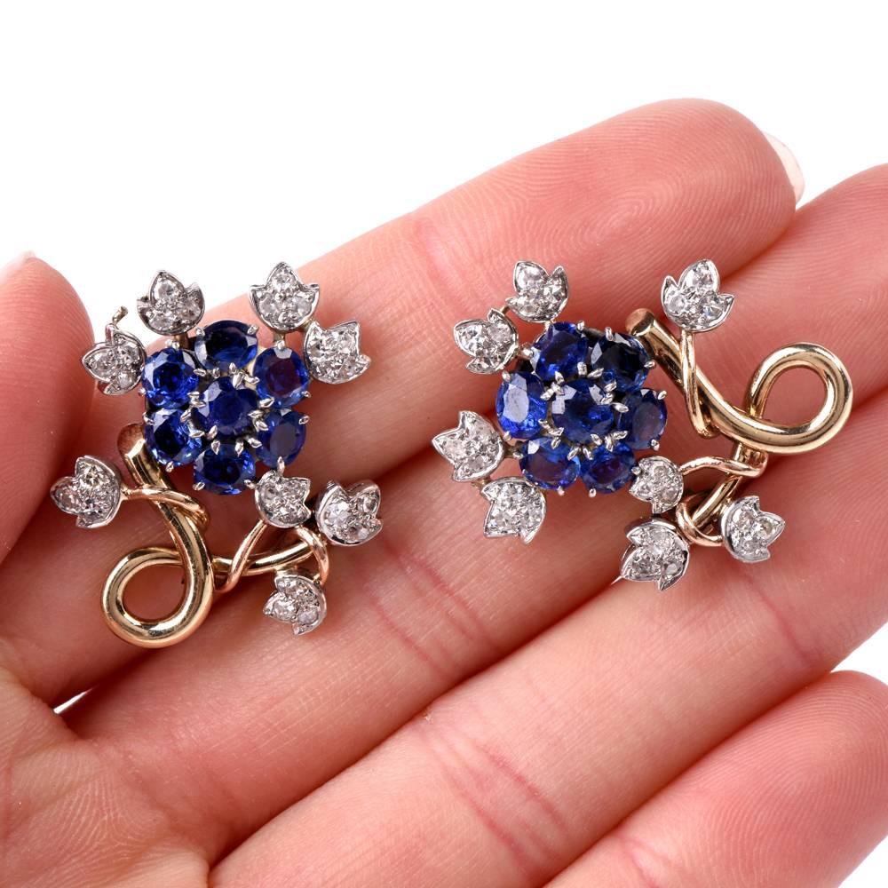 1950s Sapphire Diamond 18 Karat Gold Floral Motif Clip-On Earrings In Excellent Condition In Miami, FL