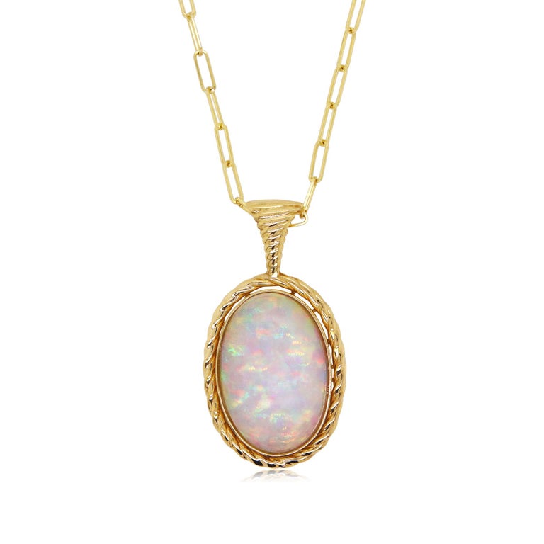 10.51 Carat Opal Oval Pendant Paperclip Chain Necklace 14K Yellow Gold ...
