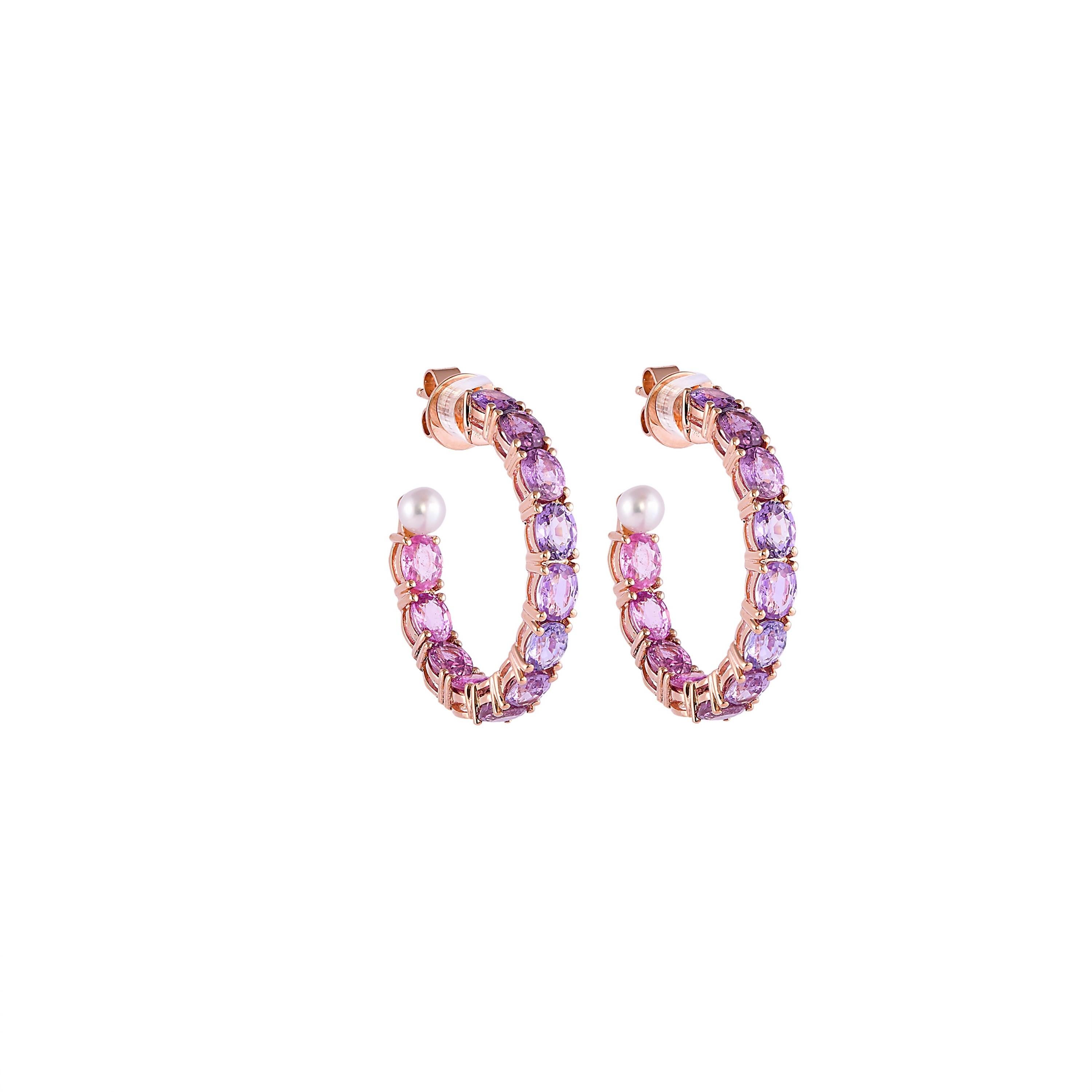 Contemporary 10.51 Carat Purple Sapphire Earring in 18 Karat Rose Gold with Pearls For Sale