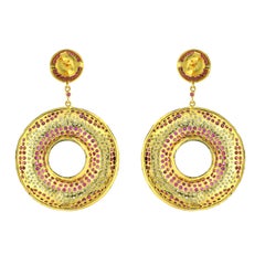 10.51ct Pave Ruby and Diamonds Disc Dangle Earrings Made In 18k Gold & Silver