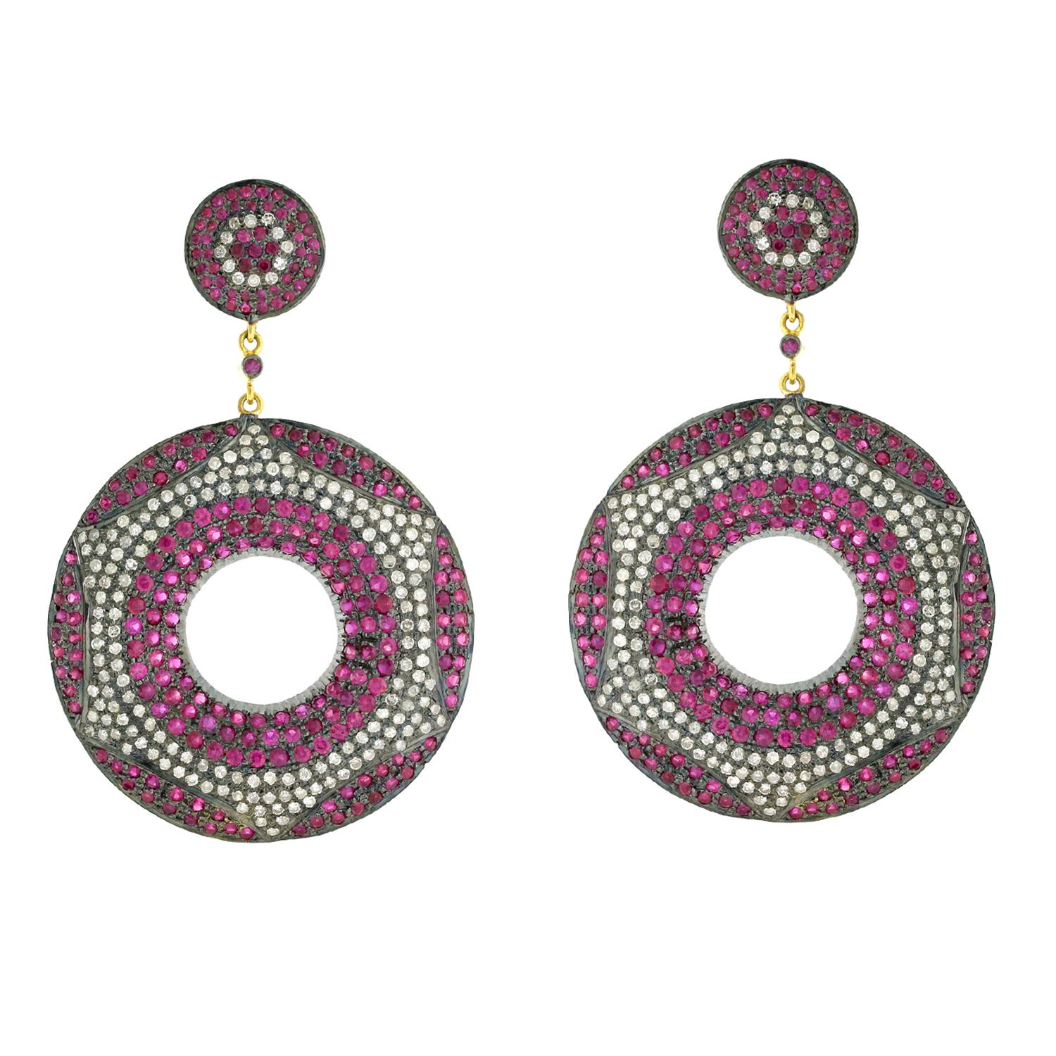 Artisan 10.51ct Pave Ruby and Diamonds Disc Dangle Earrings Made In 18k Gold & Silver For Sale