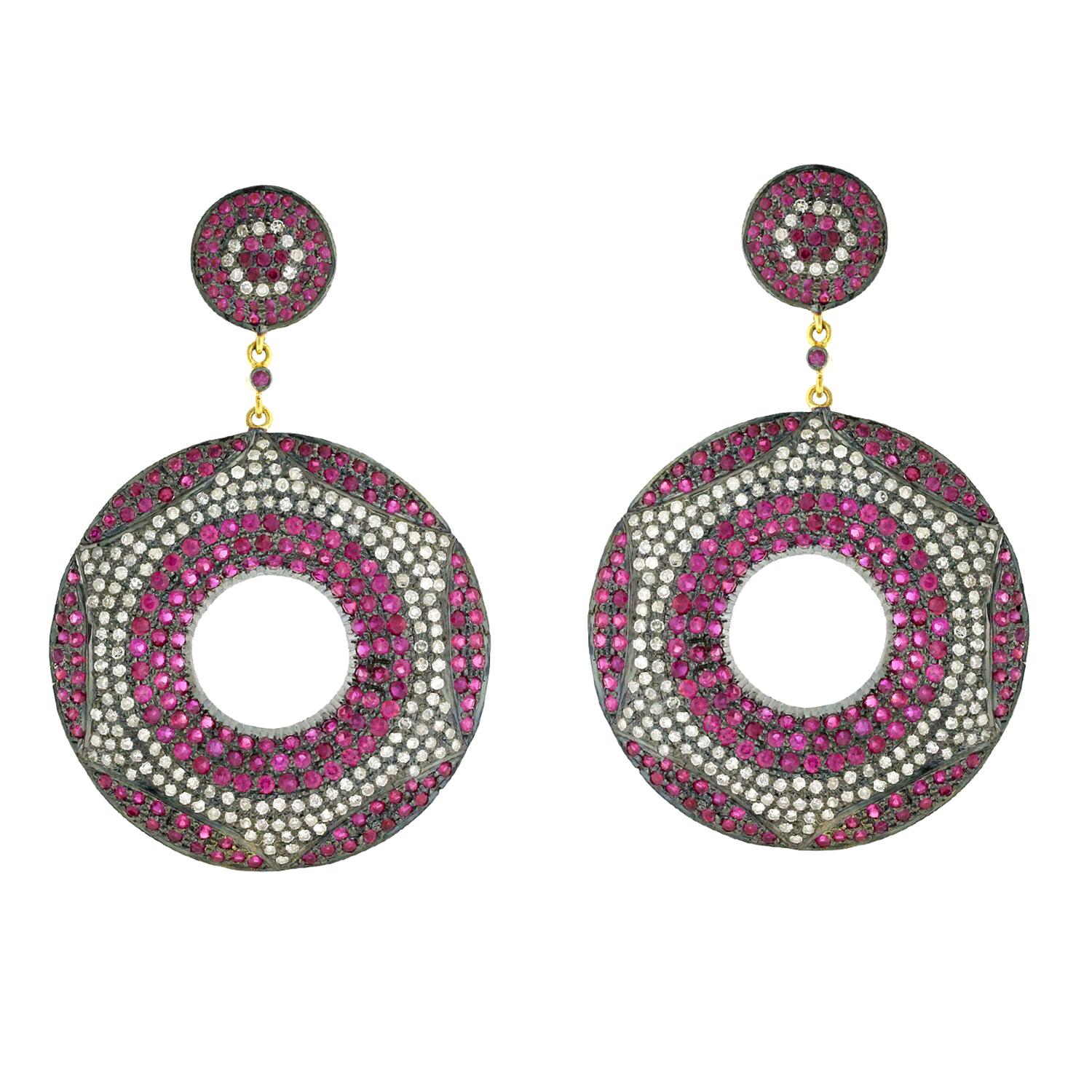 10.51ct Pave Ruby and Diamonds Disc Dangle Earrings Made In 18k Gold & Silver For Sale