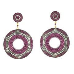10.51ct Pave Ruby and Diamonds Disc Dangle Earrings Made In 18k Gold & Silver