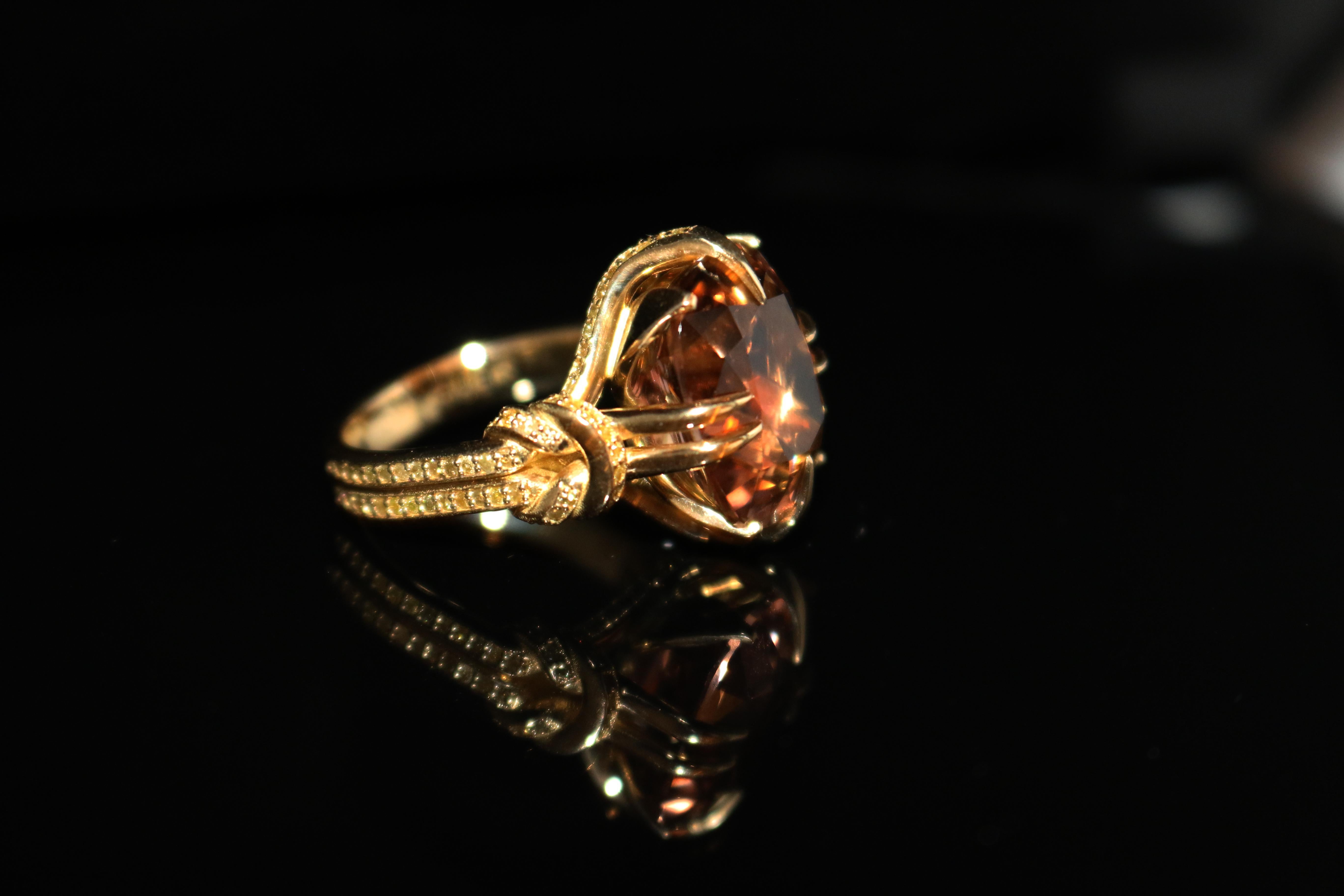 Cushion Cut 10.51ct Peach Tourmaline and Yellow Diamond Reef Knot Cocktail Ring in 18ct Gold For Sale