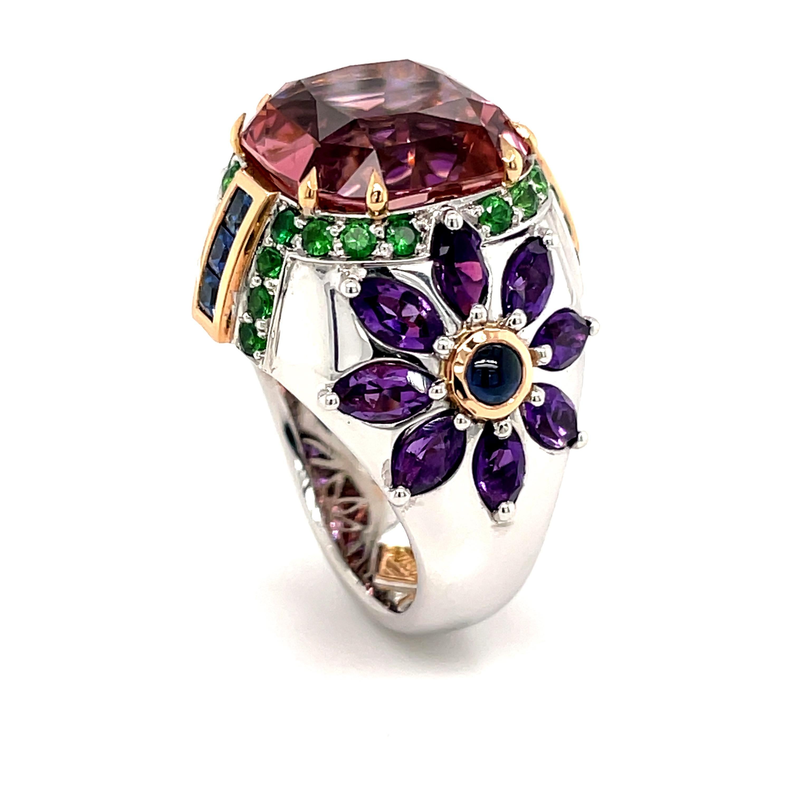 Cushion Cut 10.51ct Tourmaline Cocktail Ring with Garnets, Sapphires & Amethyst by Musson For Sale