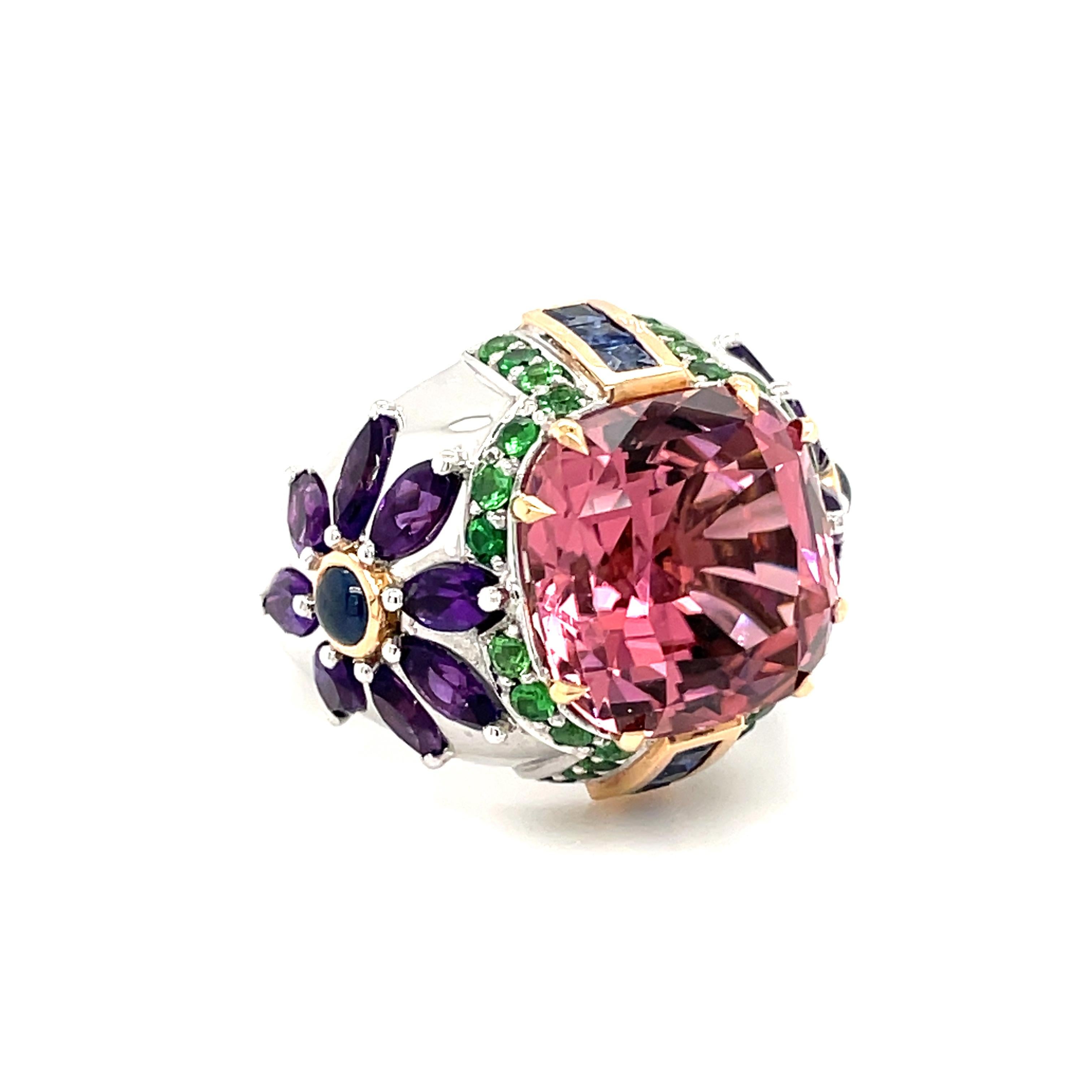Women's or Men's 10.51ct Tourmaline Cocktail Ring with Garnets, Sapphires & Amethyst by Musson For Sale