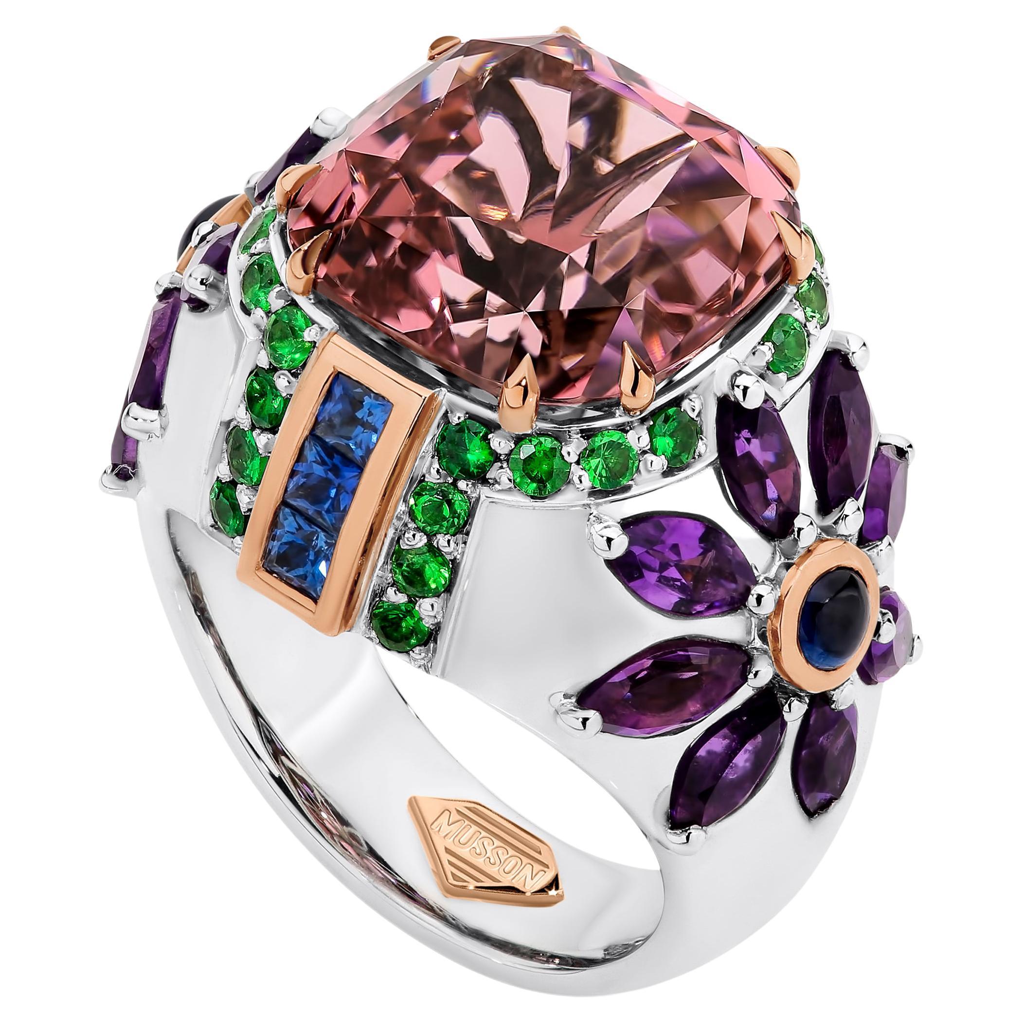 10.51ct Tourmaline Cocktail Ring with Garnets, Sapphires & Amethyst by Musson For Sale