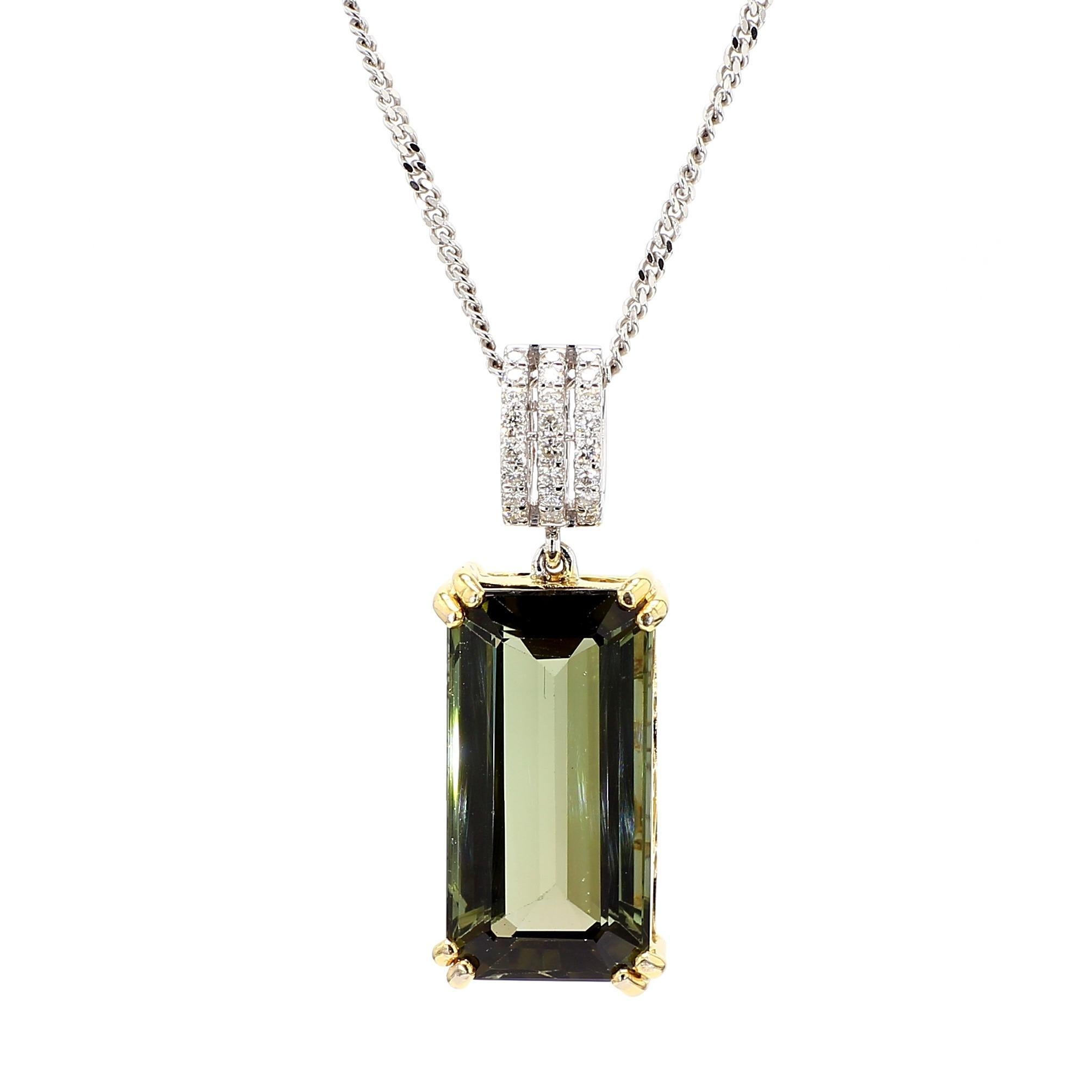10.52 Carat Forrest Green Tourmaline Emerald Cut 18K Gold Pendant Necklace For Sale 4