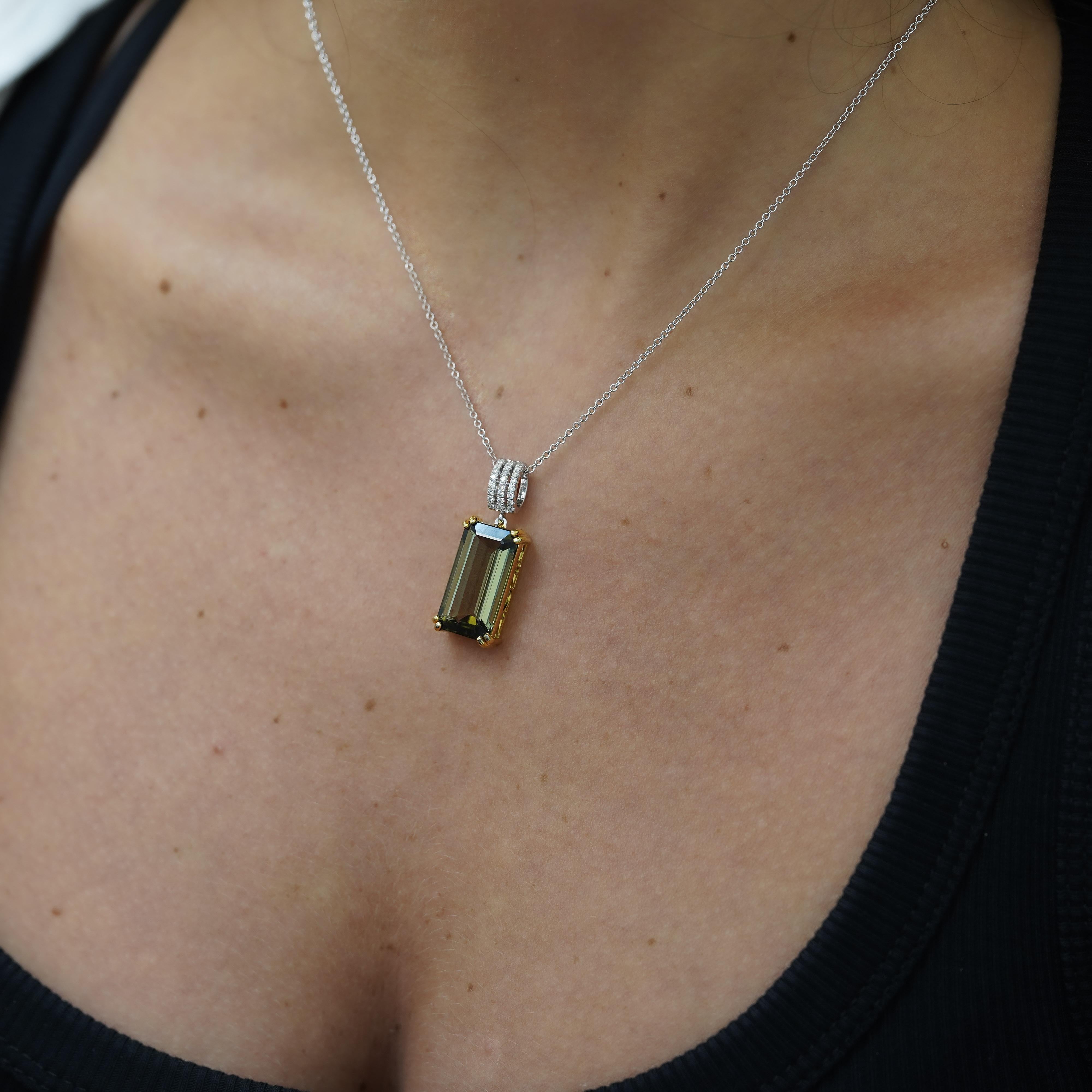 Women's 10.52 Carat Forrest Green Tourmaline Emerald Cut 18K Gold Pendant Necklace For Sale