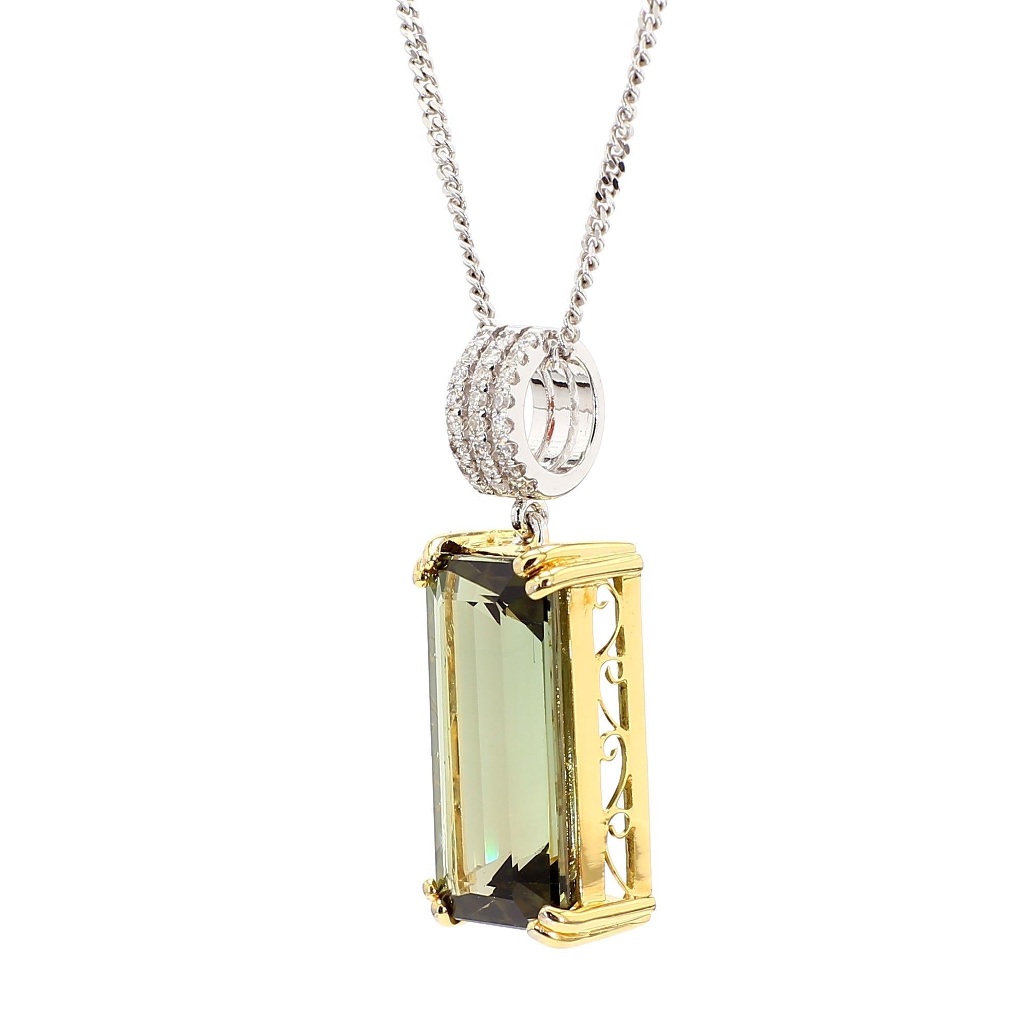 10.52 Carat Forrest Green Tourmaline Emerald Cut 18K Gold Pendant Necklace For Sale 3