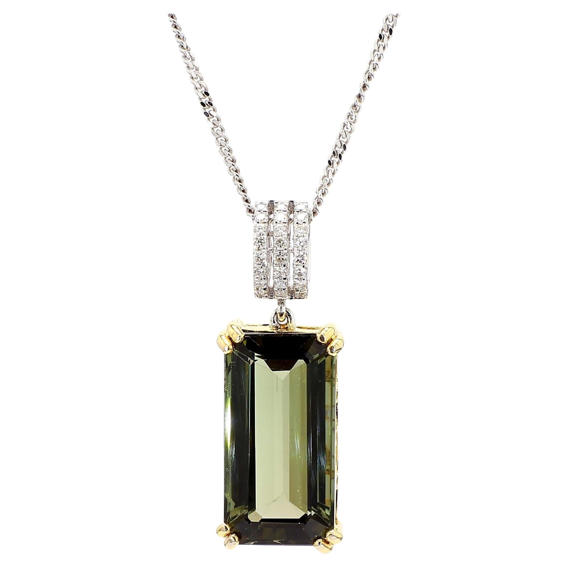 10.52 Carat Forrest Green Tourmaline Emerald Cut 18K Gold Pendant Necklace For Sale
