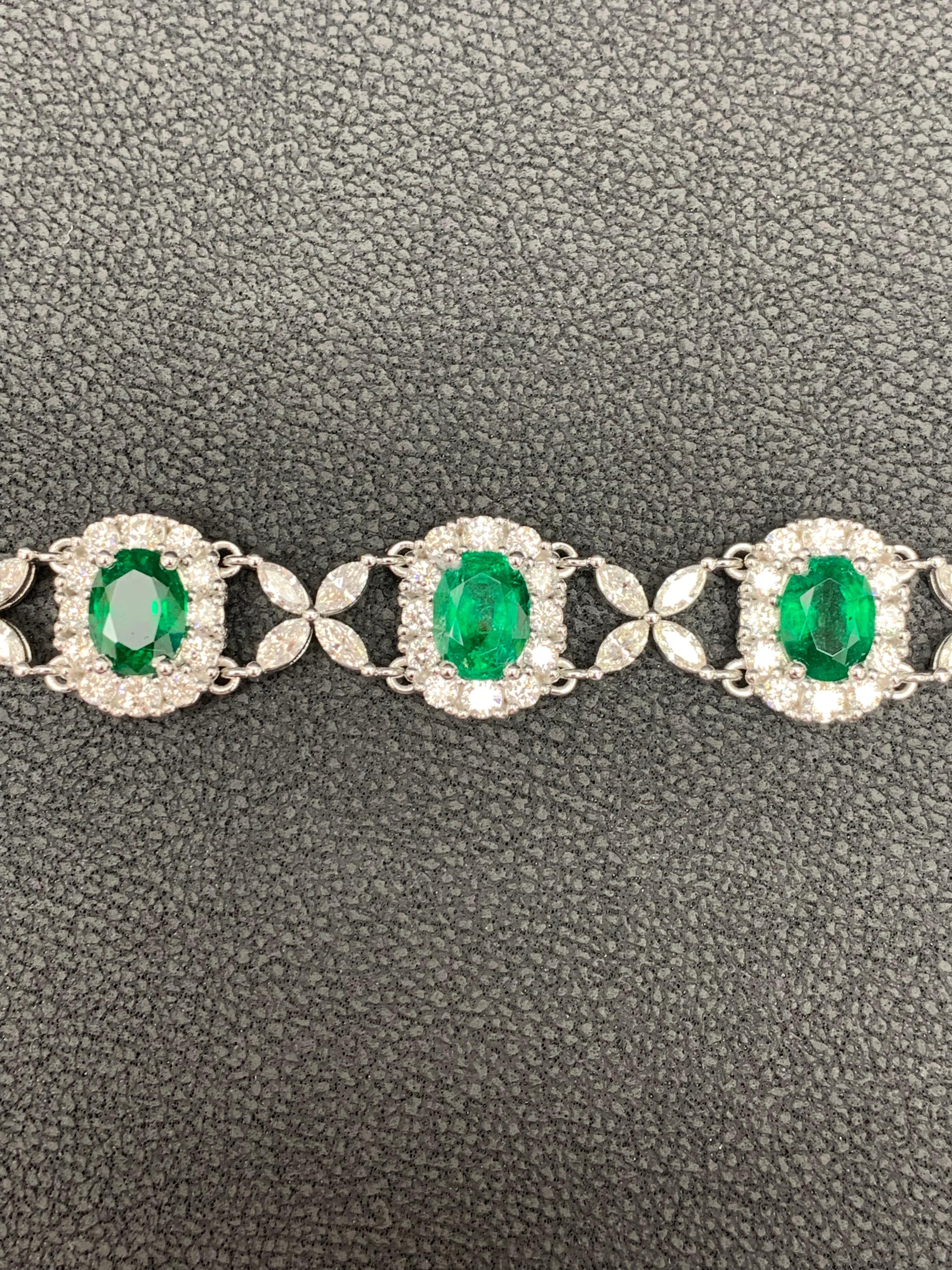 Women's 10.52 Carat Oval Cut Emerald and Diamond Tennis Bracelet in 14K White Gold For Sale