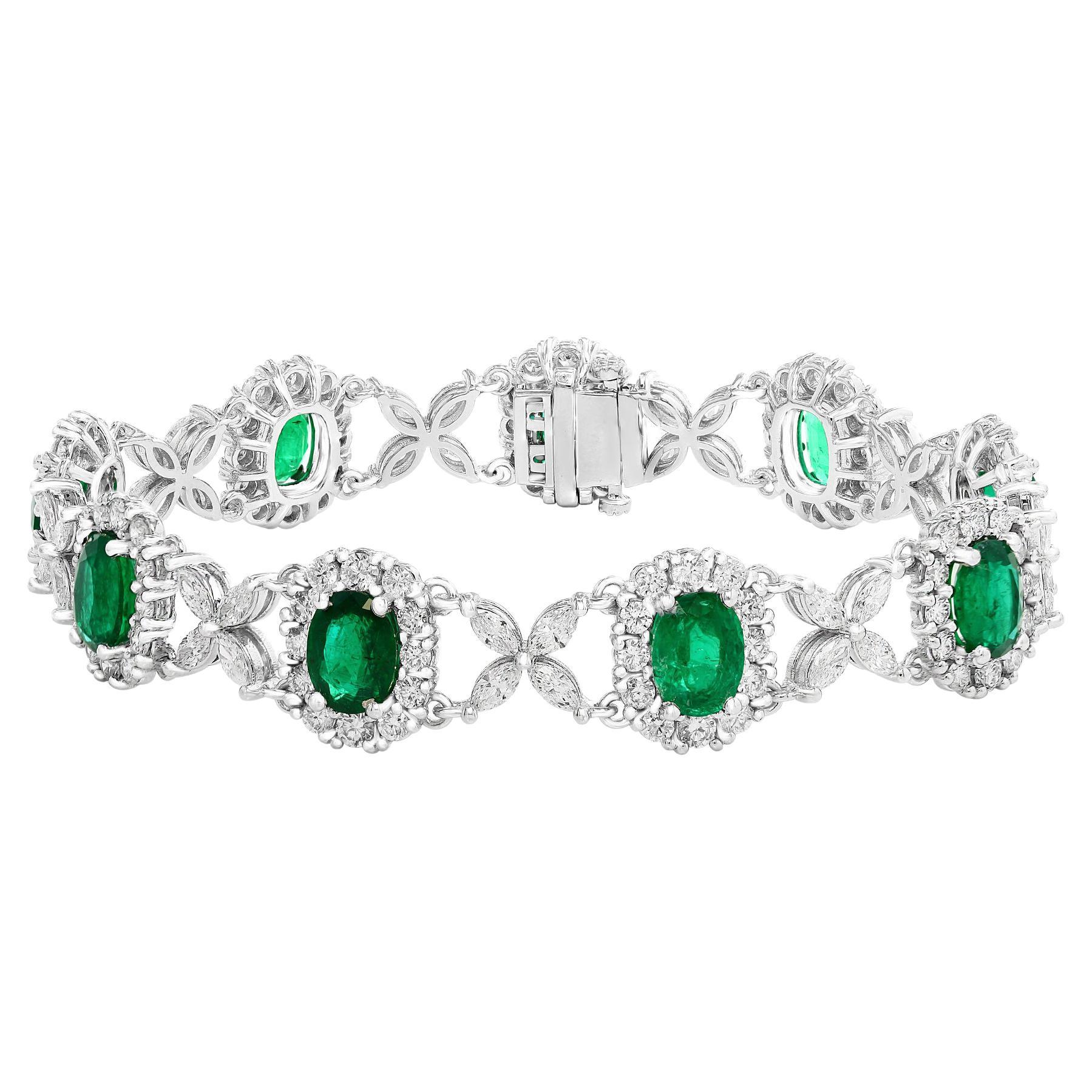 10.52 Carat Oval Cut Emerald and Diamond Tennis Bracelet in 14K White Gold