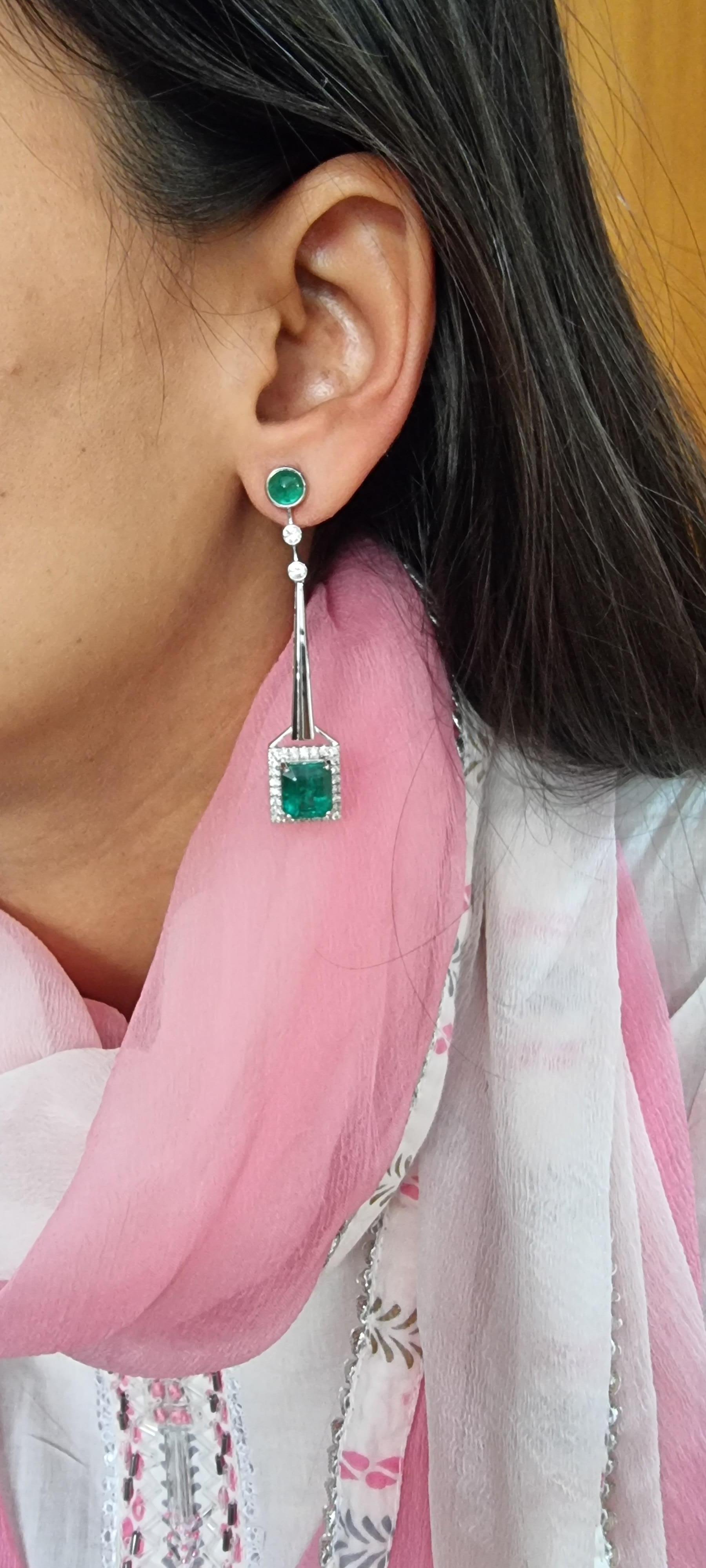 Emerald Cut 10.52 Carats Natural Zambian Emerald Earrings with 1.32 Diamonds and 14k Goldol For Sale